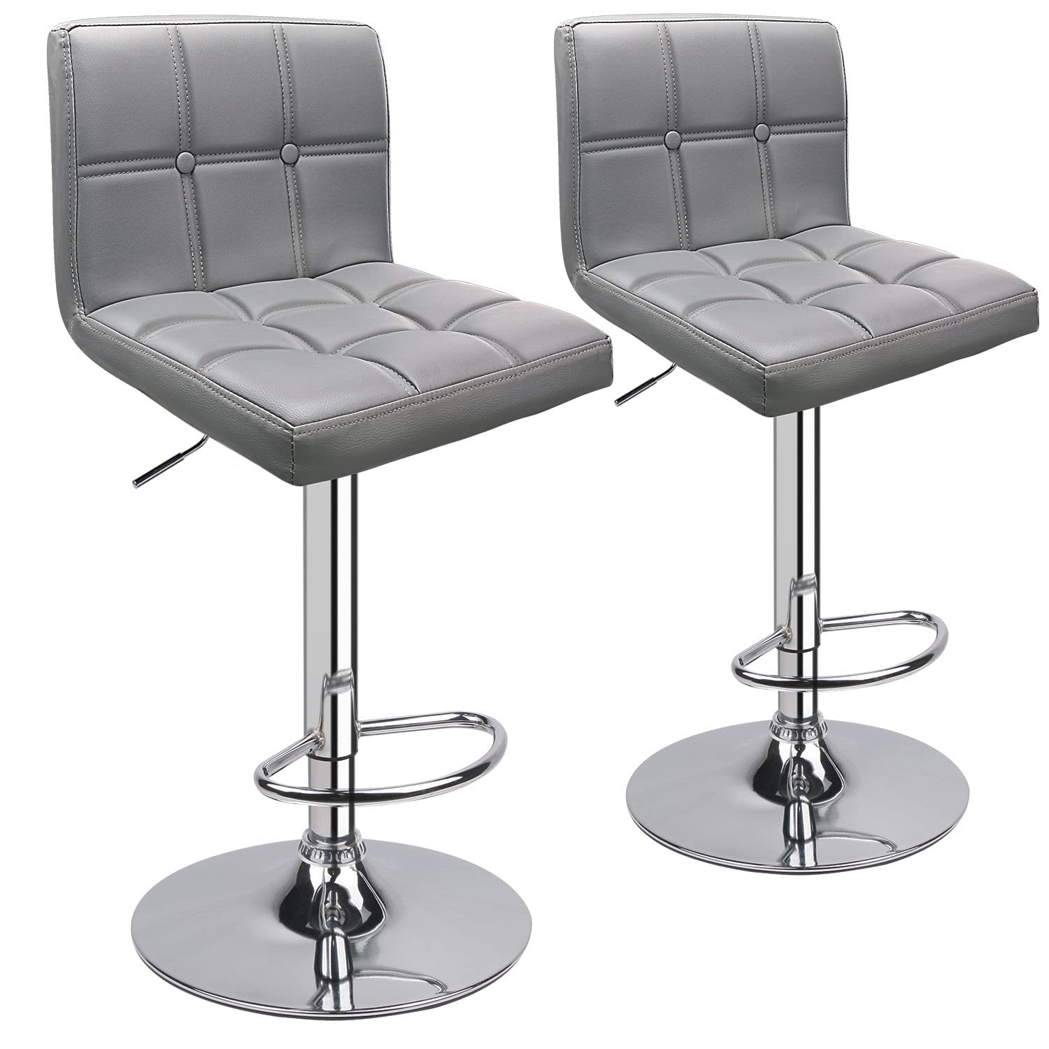 Adjustable PU Leather Bar Stools (Set of 2) - Modern Kitchen Island Counter Stools with Square Back & Double Stitching - Light Grey - Perfect for Breakfast Nook, Dining Area & Home Decor