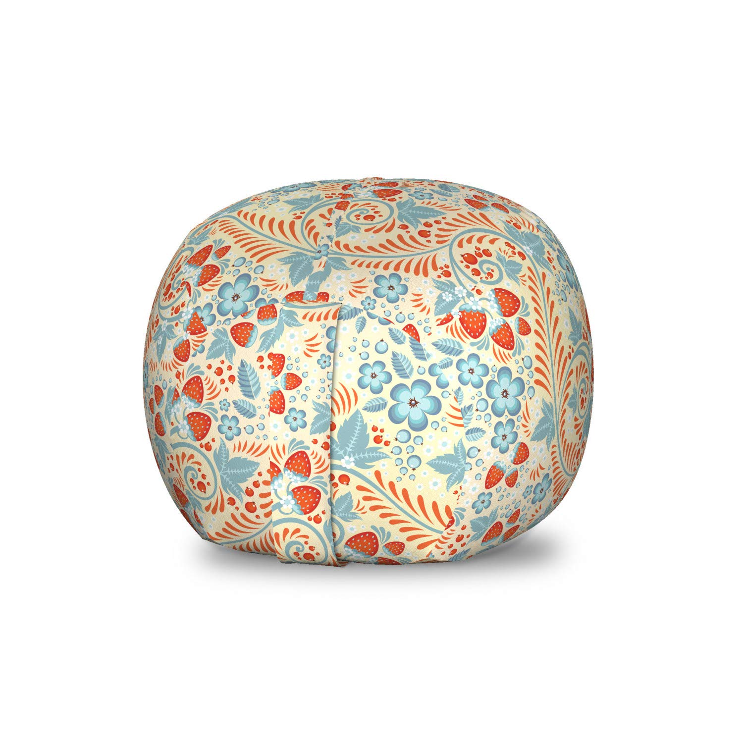 Ambesonne Floral Storage Toy Bag Chair - Khokhloma Pattern with Flowers & Strawberries, Washable Stuffed Animal Organizer, Small Size in Cream Pale Teal & Vermilion - Perfect for Kids' Room, Nursery, or Playroom Storage