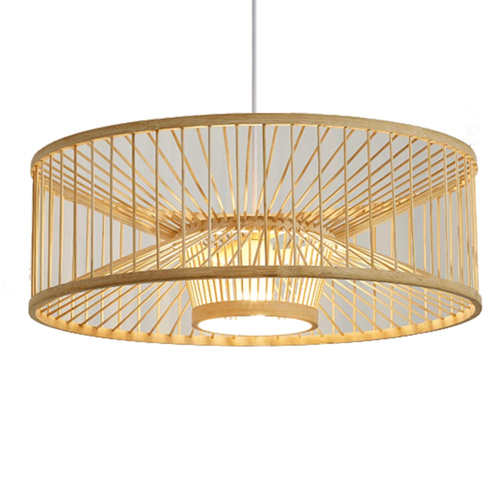 Rustic Asian Style 1-Light Natural Wood Ceiling Pendant Lamp - Handwoven Rattan Shade Chandelier for Dining Room, Hallway, Cafe, Restaurant & Bar Decor - Perfect for Boho, Farmhouse or Zen Interior Design