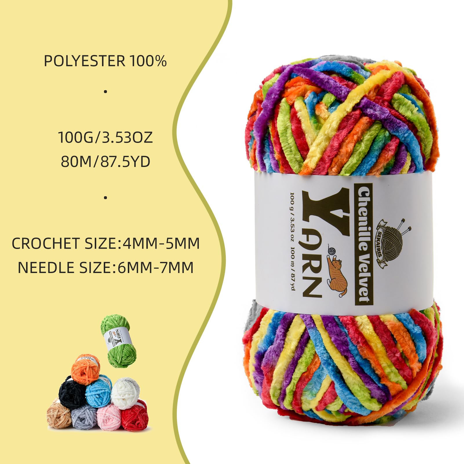 Soft Plush Chenille Chunky Yarn - Fluffy Velvet Crochet Yarn for Blankets, Scarves & Amigurumi - 100g Baby-Safe Knitting Yarn (87yds, Rainbow) - Perfect for DIY Baby Blankets, Cozy Winter Accessories & Handmade Gifts