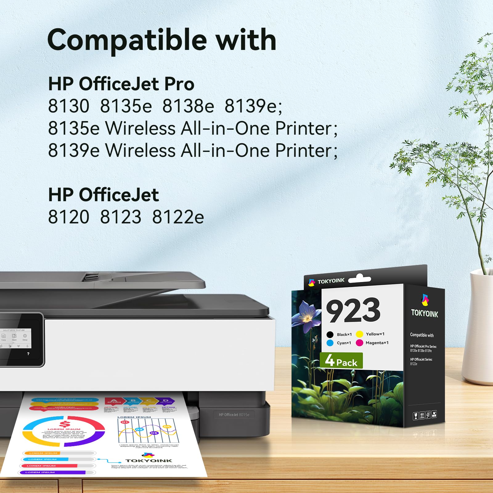 TOKYOINK 923 Ink Cartridges Combo Pack (4 Pack) - Replacement for HP 923 Ink Cartridges - Compatible with OfficeJet 8122e, Pro 8135e, 8138e, 8139e Printers - High-Quality Printer Ink for Home & Office Use