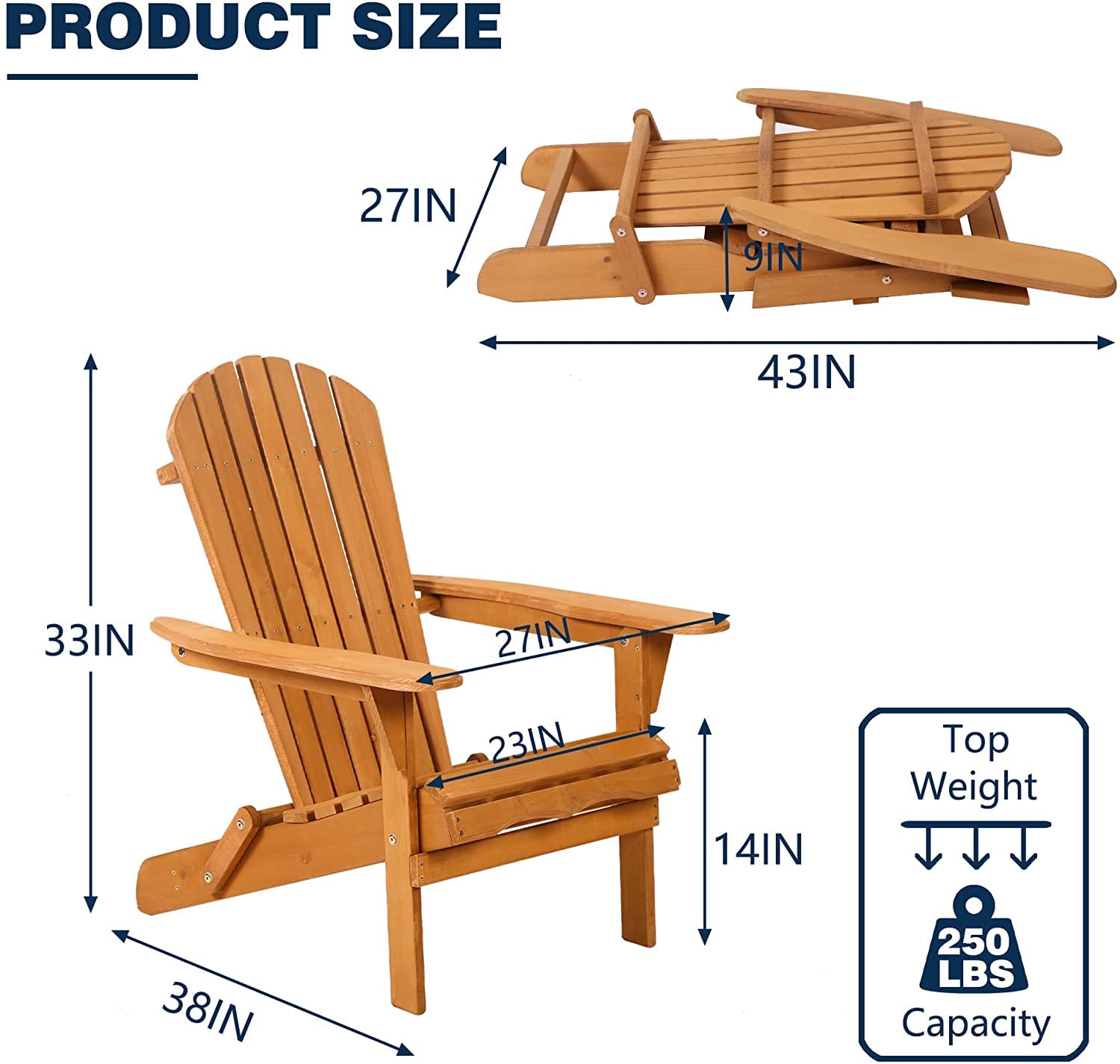 Folding Adirondack Chair Outdoor Patio Furniture - Weather Resistant Wooden Accent Lounger with Arms - Perfect for Garden, Backyard, Deck & Poolside Relaxation (Natural, 1-Piece)