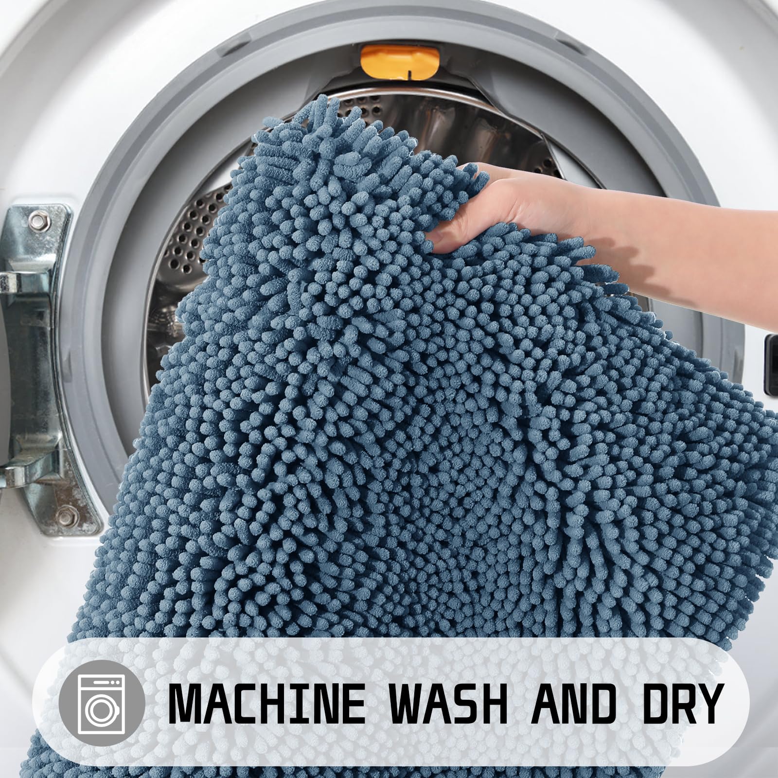 Yimobra Luxury Chenille Shaggy Bathroom Rug Mat - 32''x20'' Extra Soft Thick Absorbent Non-Slip Bath Mat for Bathroom Floor, Tub & Shower - Machine Washable Denim Blue - Perfect for Spa-Like Bathroom Decor & Cozy Home Comfort