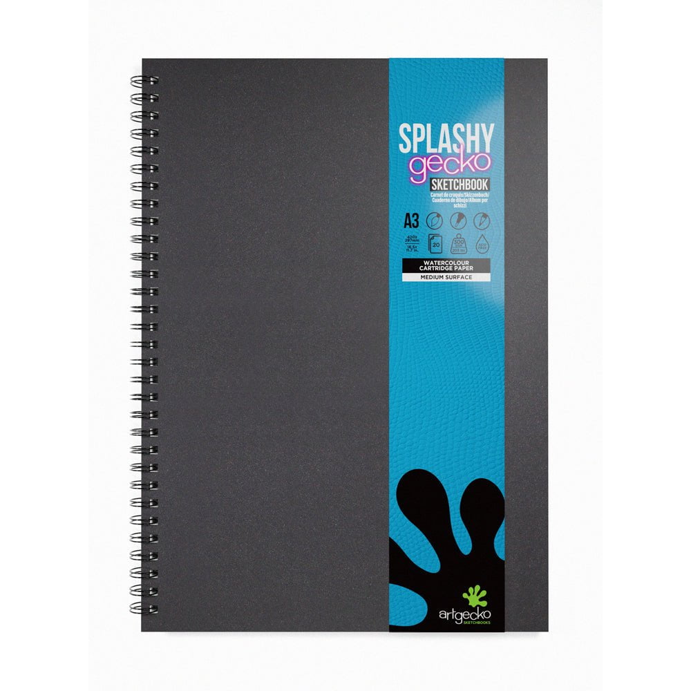 Artgecko Splashy Sketchbook A3 - 40 Pages (20 Sheets) 300gsm White Paper for Watercolor, Ink & Mixed Media - Perfect for Artists, Students & Sketching Enthusiasts