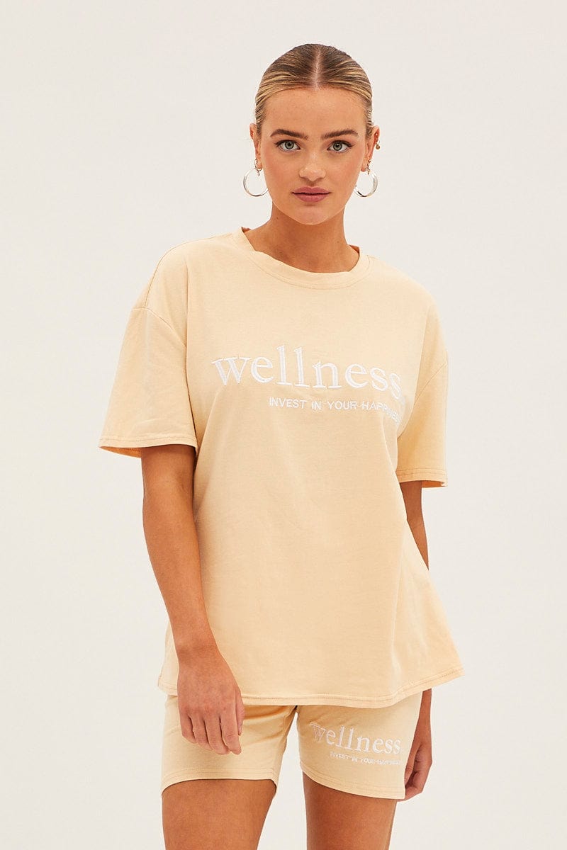 Beige Embroidered T-Shirt and Biker Shorts Set for Women - Summer Workout Outfit & Casual Streetwear Fashion
