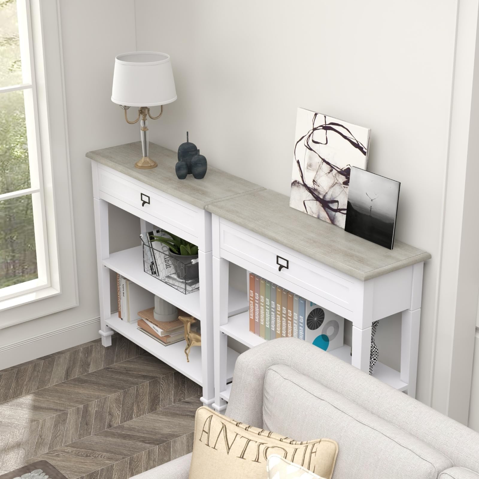 Kinsuite 2-Tier White Small Console Table with Drawer & Shelf - Wooden Entryway Sofa Table with Storage for Hallway, Living Room | Perfect for Narrow Spaces & Home Decor
