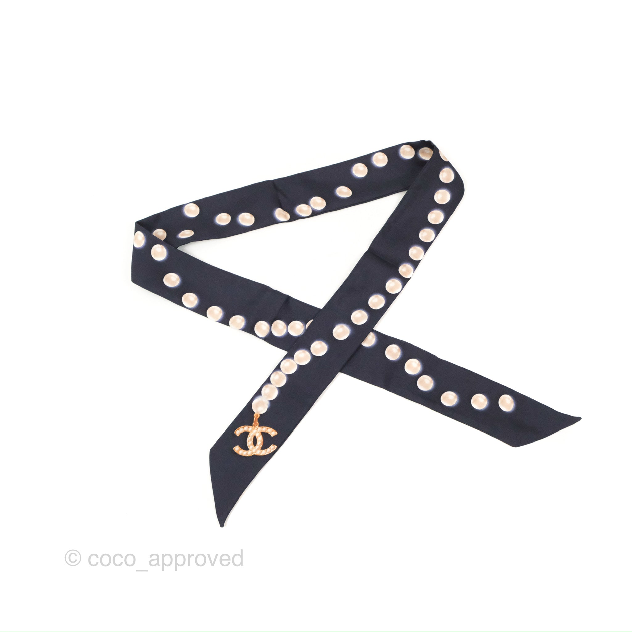 Chanel CC Pearl Print Silk Twilly Scarf - Elegant Black Luxury Fashion Accessory for Women | Perfect for Handbags, Hats & Gift Giving