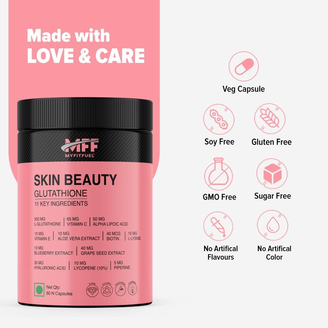 MyFitFuel Skin Beauty Glutathione 120 Capsules - Lycopene, Vitamin C & E, Hyaluronic Acid, Biotin Supplement for Hydrated, Brightening & Radiant Skin - Reduces Melanin for Glowing Complexion - Perfect for Daily Skincare Routine for Men & Women