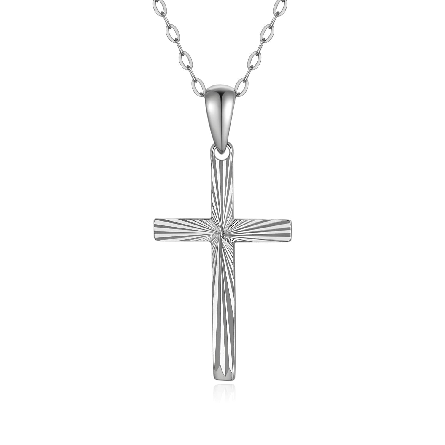 14K Solid Gold Cross Necklace for Women - Real Italian Diamond-Cut Cross Pendant, 16