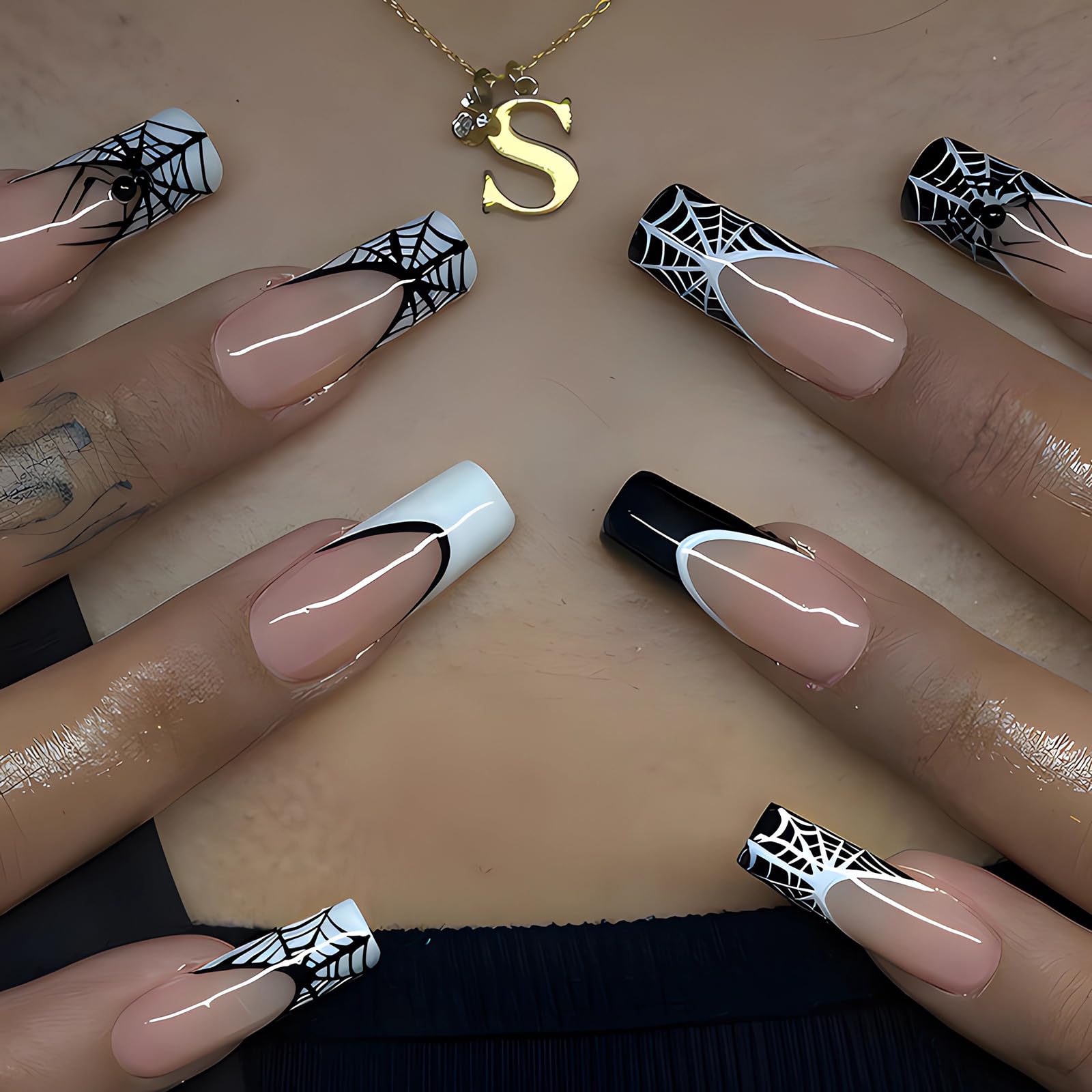 24 Pcs Halloween Spider Web Press On Nails - Long Square Fake Nails with Black & White French Tips - Full Cover Acrylic Nails for Women & Girls - Manicure Decorations for Costume Parties & Spooky Nail Art