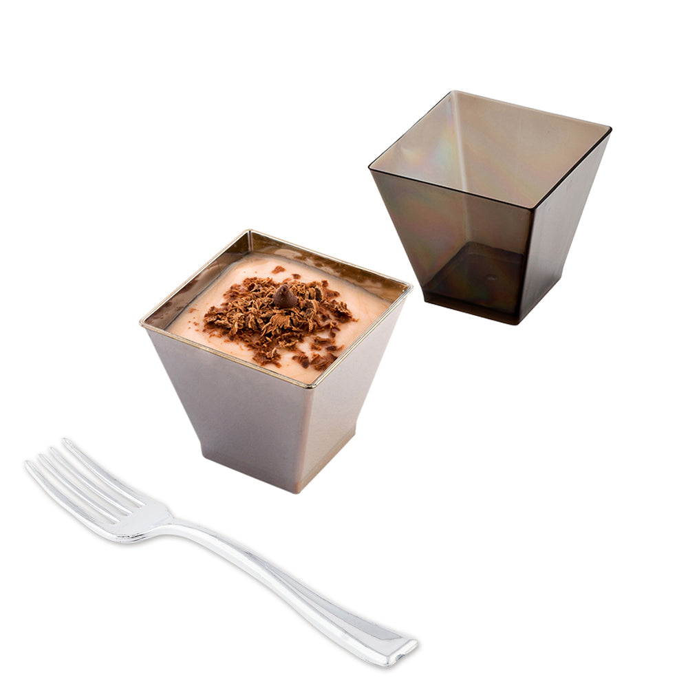 100 Pack 2 oz Square Smoked Gray Plastic Mini Kova Cups with 100 Silver Plastic Mini Forks - Perfect for Party Favors, Wedding Receptions, and Cocktail Events