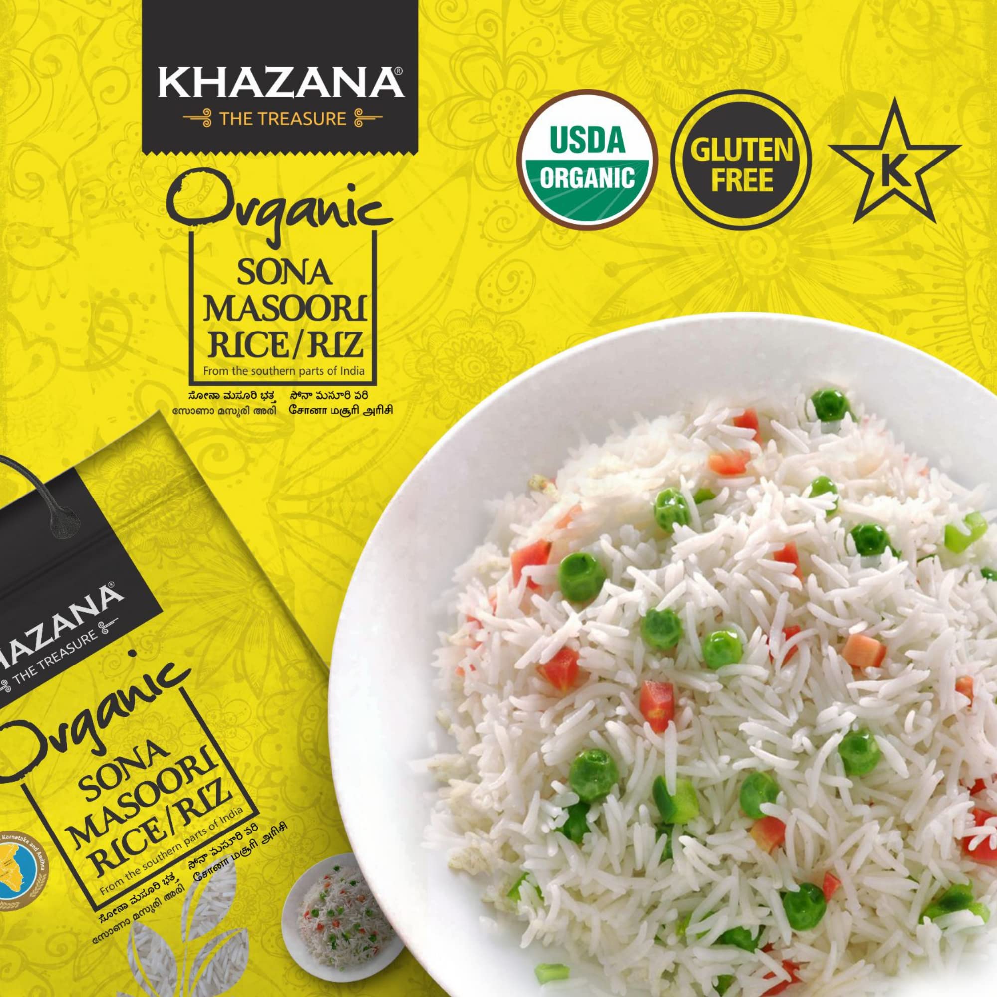 Khazana Organic Sona Masoori Rice - 10 lb Bag of Aromatic Indian Basmati - Non-GMO, Gluten-Free, Kosher, Cholesterol-Free Whole Grain - Perfect for Biryani, Pulao & Healthy Meals