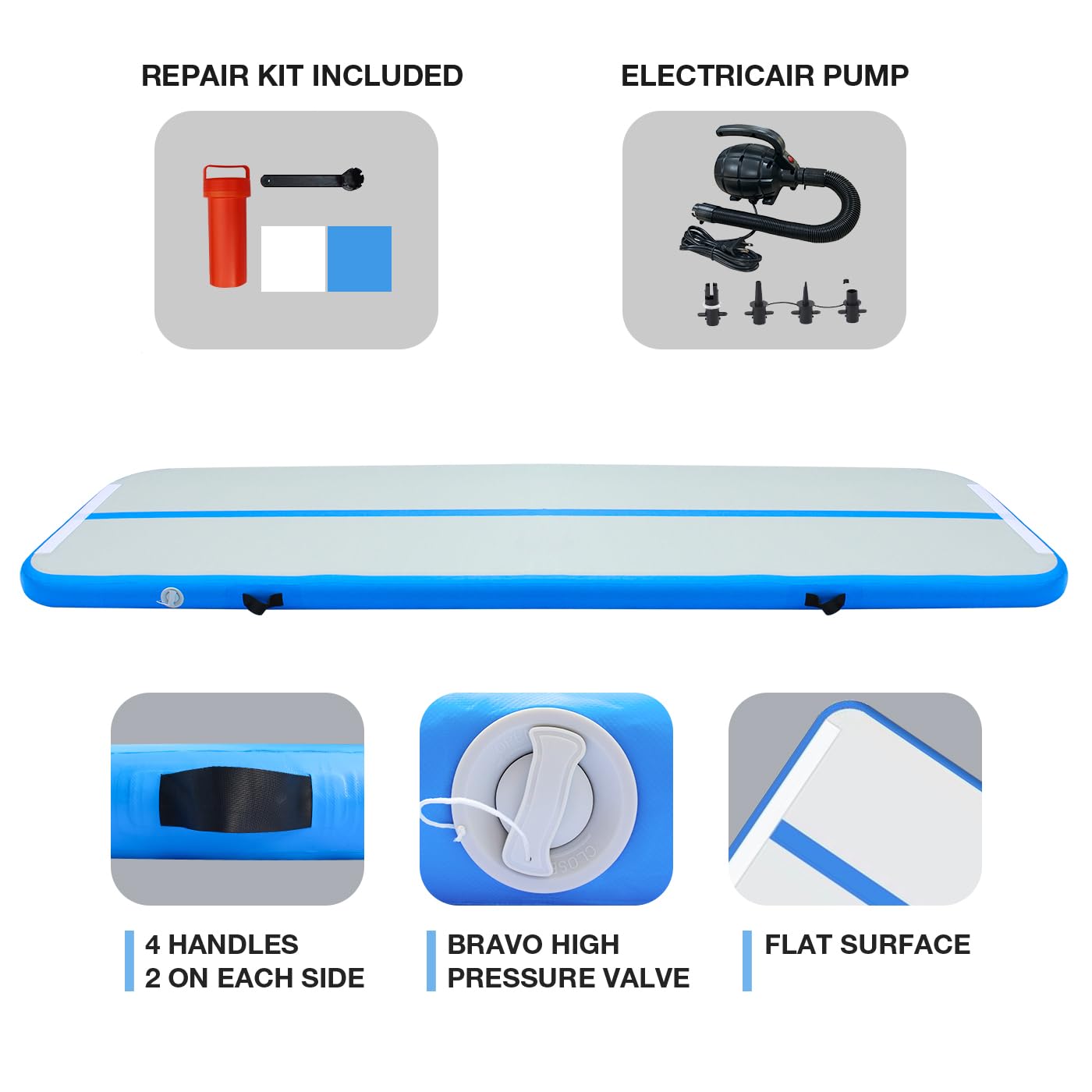 Inflatable Gymnastics Mat - 10ft Tumbling Track with Air Pump, Thick Air Floor Training Mat for Kids, Home Gym, Cheerleading & Yoga | Portable for Indoor/Outdoor Use