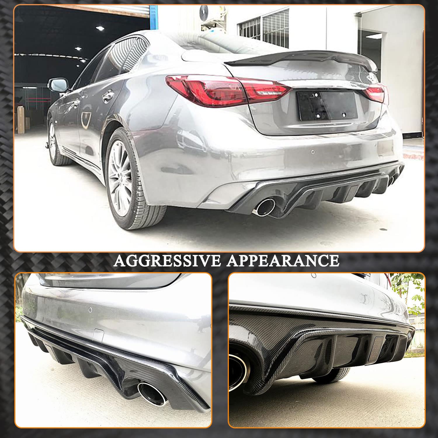 Carbon Fiber Rear Diffuser for Infiniti Q50 Q50S Base & Sport Sedan 2018-2021 - Lower Bumper Lip Spoiler Body Kit with Black Brake Light - Custom Fit for Enhanced Aerodynamics & Sporty Styling - Perfect for Car Enthusiasts & Performance Upgrades