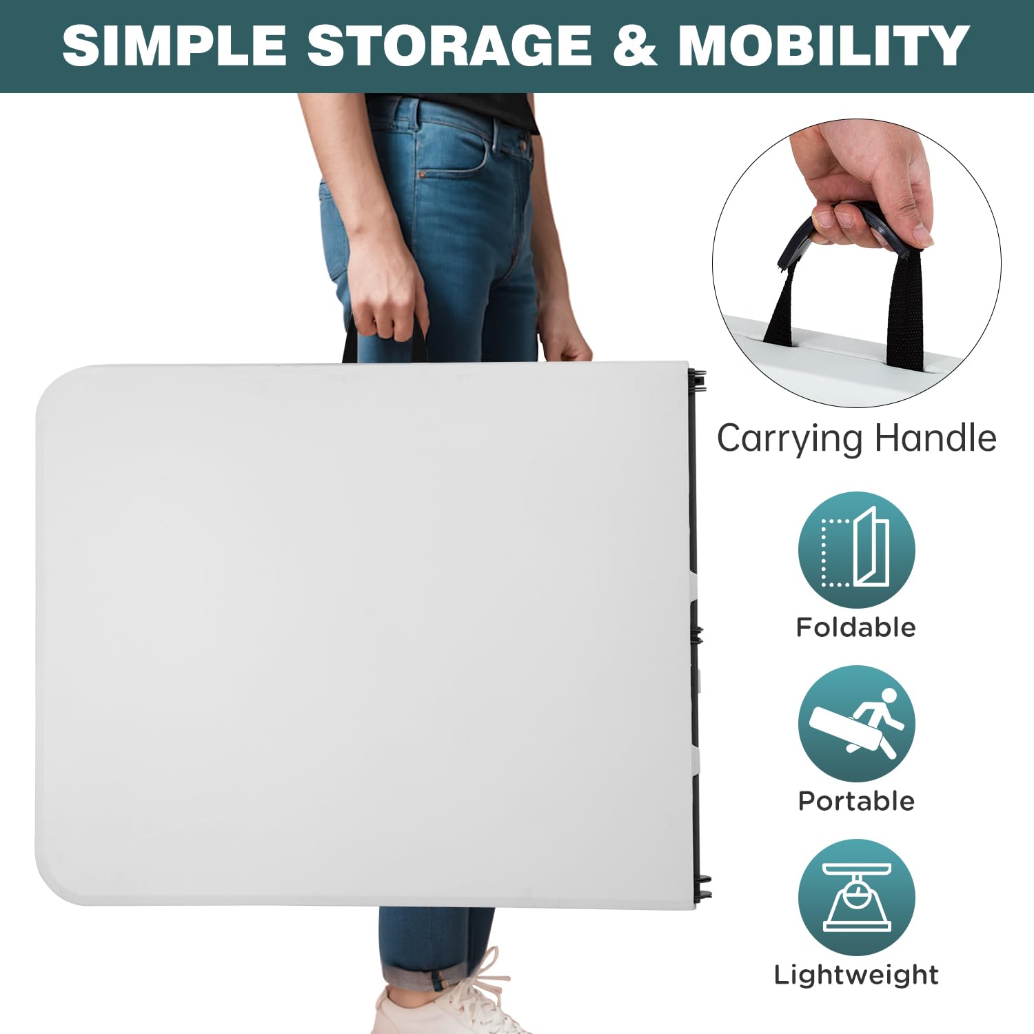 8 Foot Foldable Outdoor Dining Table - Portable Rectangular Plastic Folding Table with Built-in Handle for Parties, Weddings, Picnics & Backyard Gatherings - White