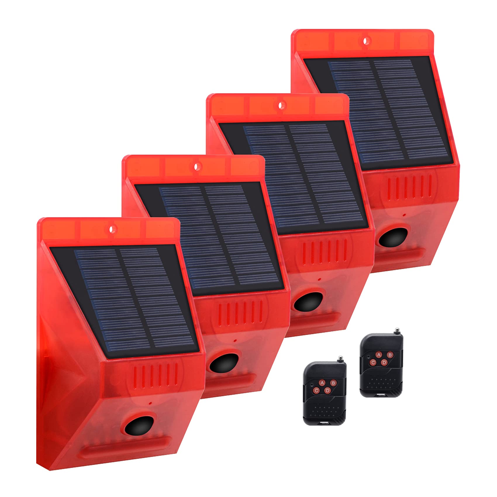 ChunHee Solar Powered Outdoor Security Alarm - 129dB Loud Siren with Motion Sensor & Remote Control - IP65 Waterproof Strobe Light for Villa, Farm, Yard, Chicken Coop Protection (4 Pack) - Ideal for Home Security, Property Surveillance & Animal Deterrent