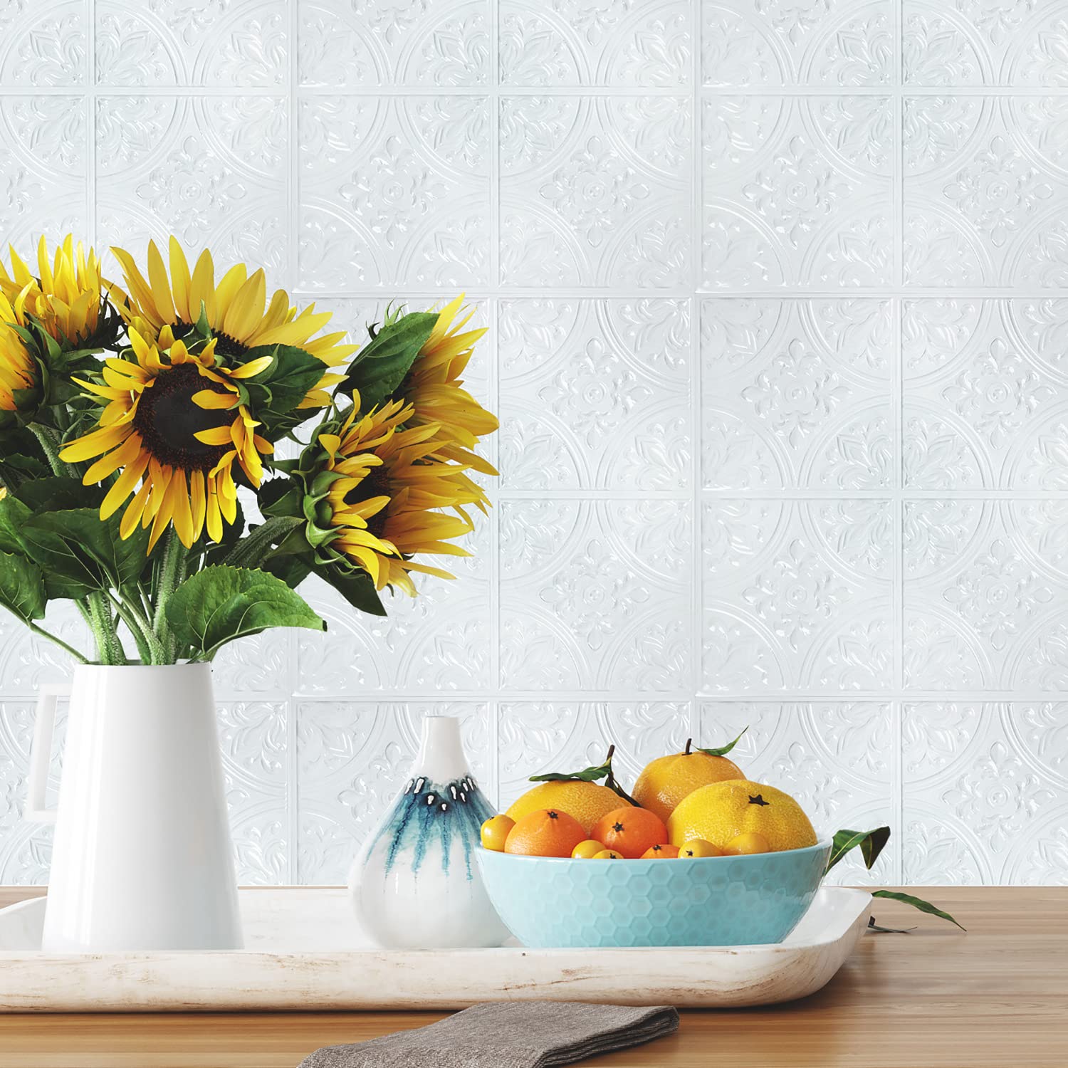 RoomMates TIL5014FLT Bright White Tin Tile Peel and Stick Backsplash - Easy DIY Kitchen & Bathroom Wall Decor for Home Renovation