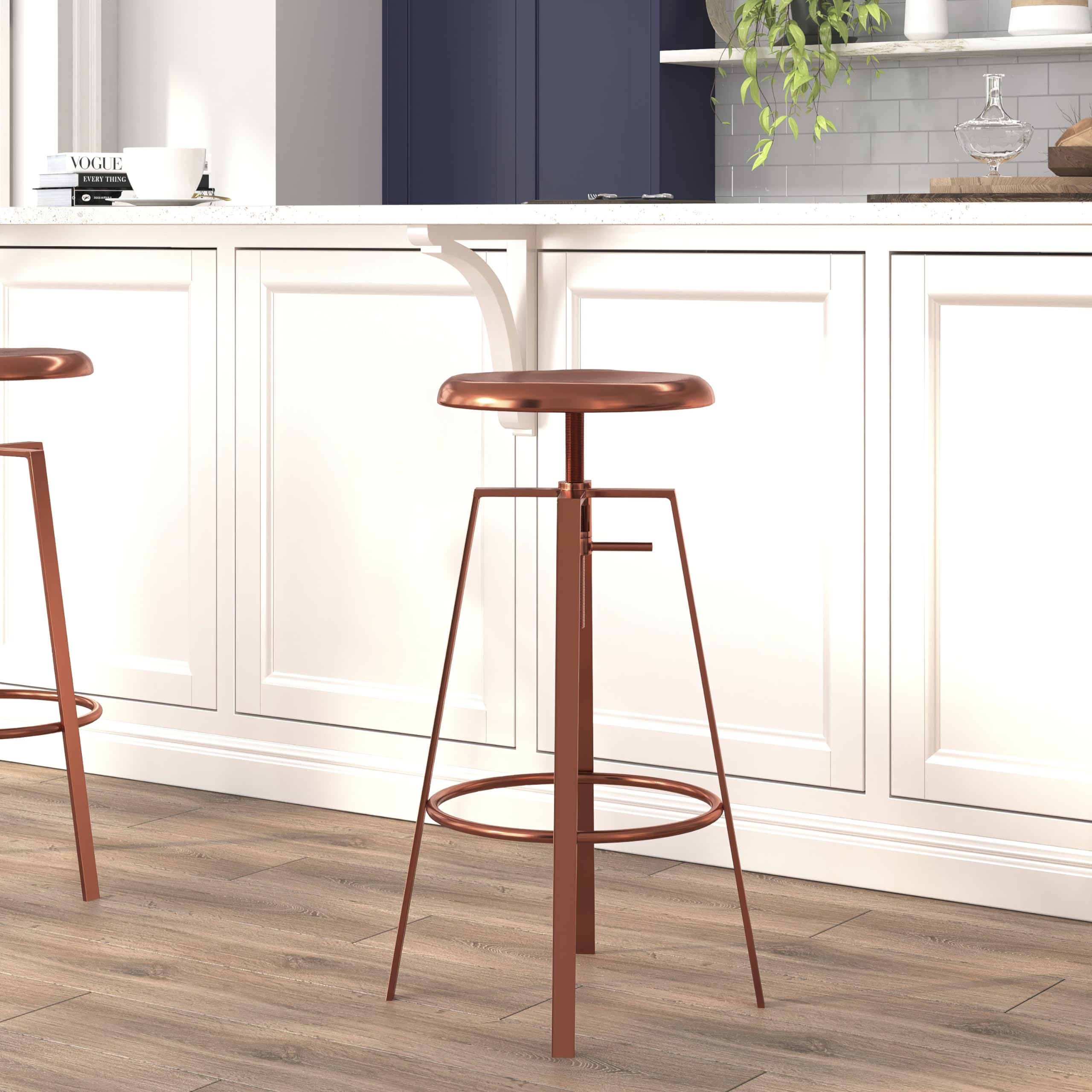 Industrial Style Barstool with Swivel Lift Seat in Rose Gold - Adjustable Height Bar Chair for Kitchen Island, Home Bar & Office Use
