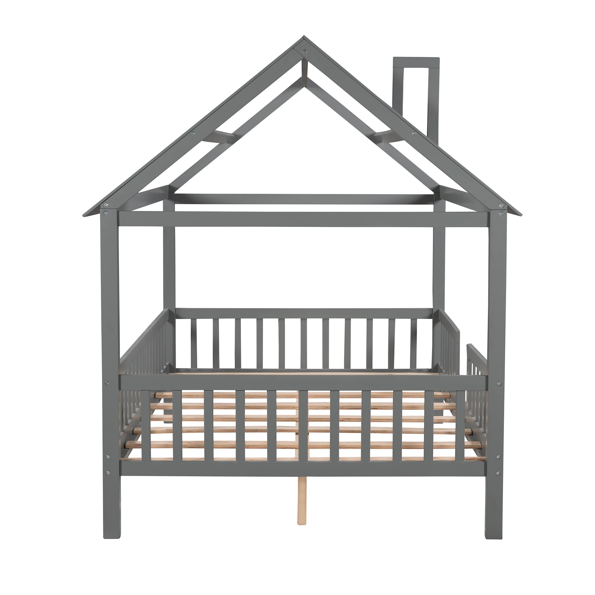 Merax Full House Bed for Kids - Wooden House-Shaped Bed Frame with Roof Windows & Safety Rails - Grey - Perfect for Kids' Bedroom, Playroom & Sleepovers