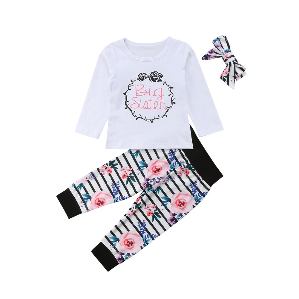 Adorable Newborn Baby Girl Outfit Set - Little Sister Big Sister Bodysuit Romper + Floral Striped Pants + Headbands | Perfect for Photoshoots, Birthday Parties & Family Gatherings