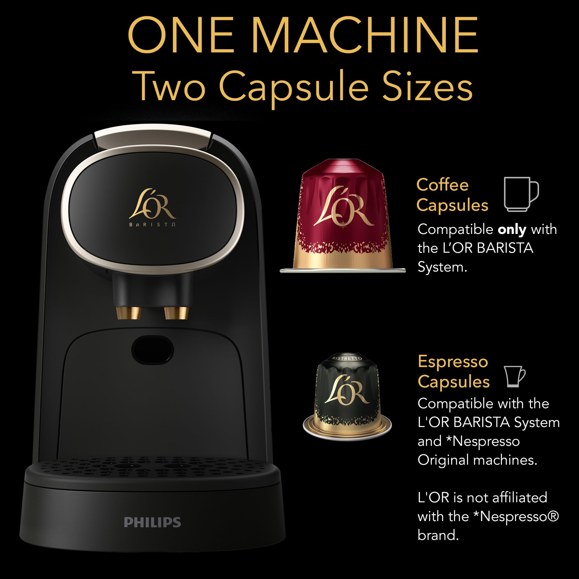 Philips L'OR Barista System Coffee & Espresso Machine Combo - Premium Champagne Metallic Accents, Matte Black - Perfect for Home Baristas & Coffee Lovers