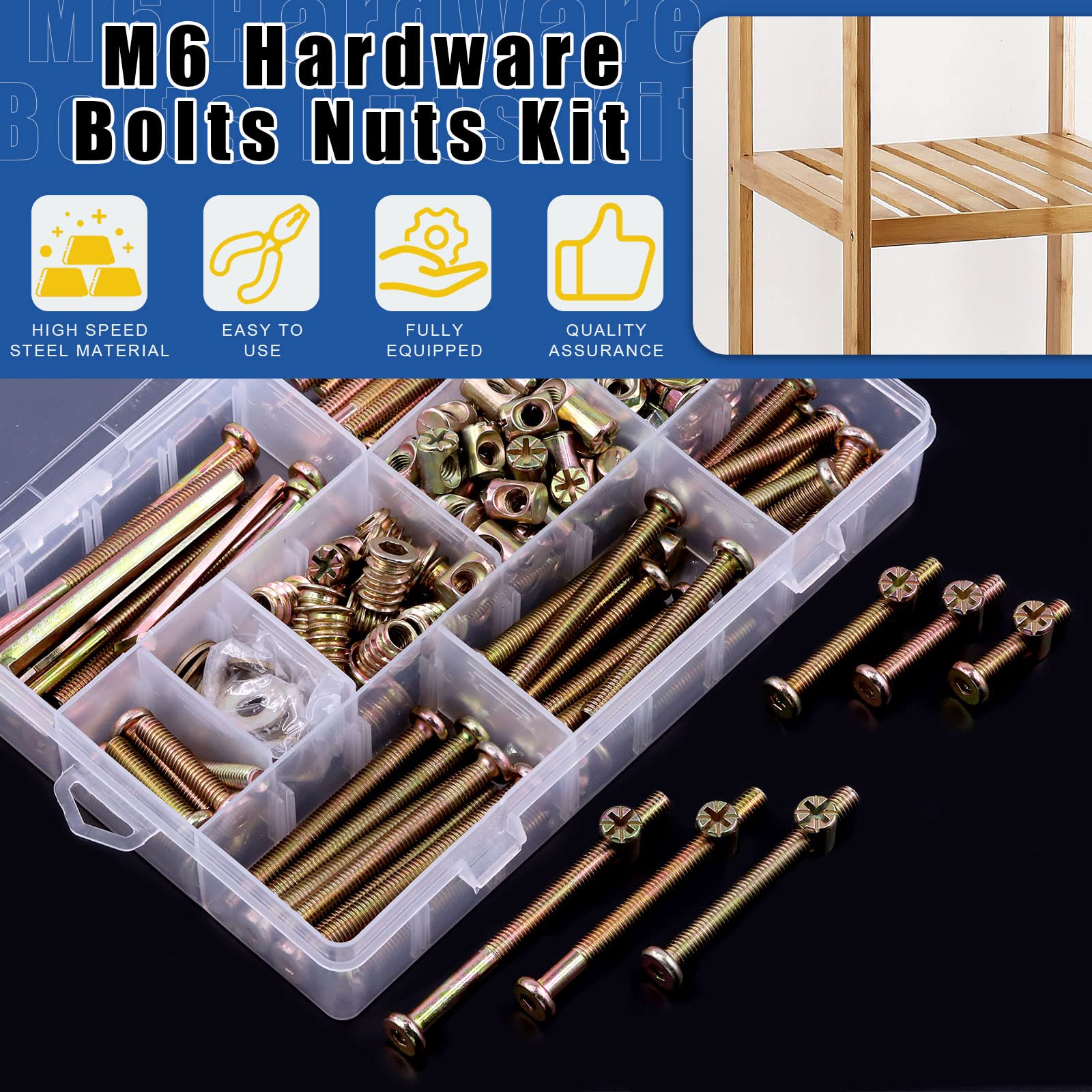Glarks M6 Baby Crib Screws Kit - 253Pcs Hex Socket Cap Screws with Nuts & Washers for Furniture Assembly