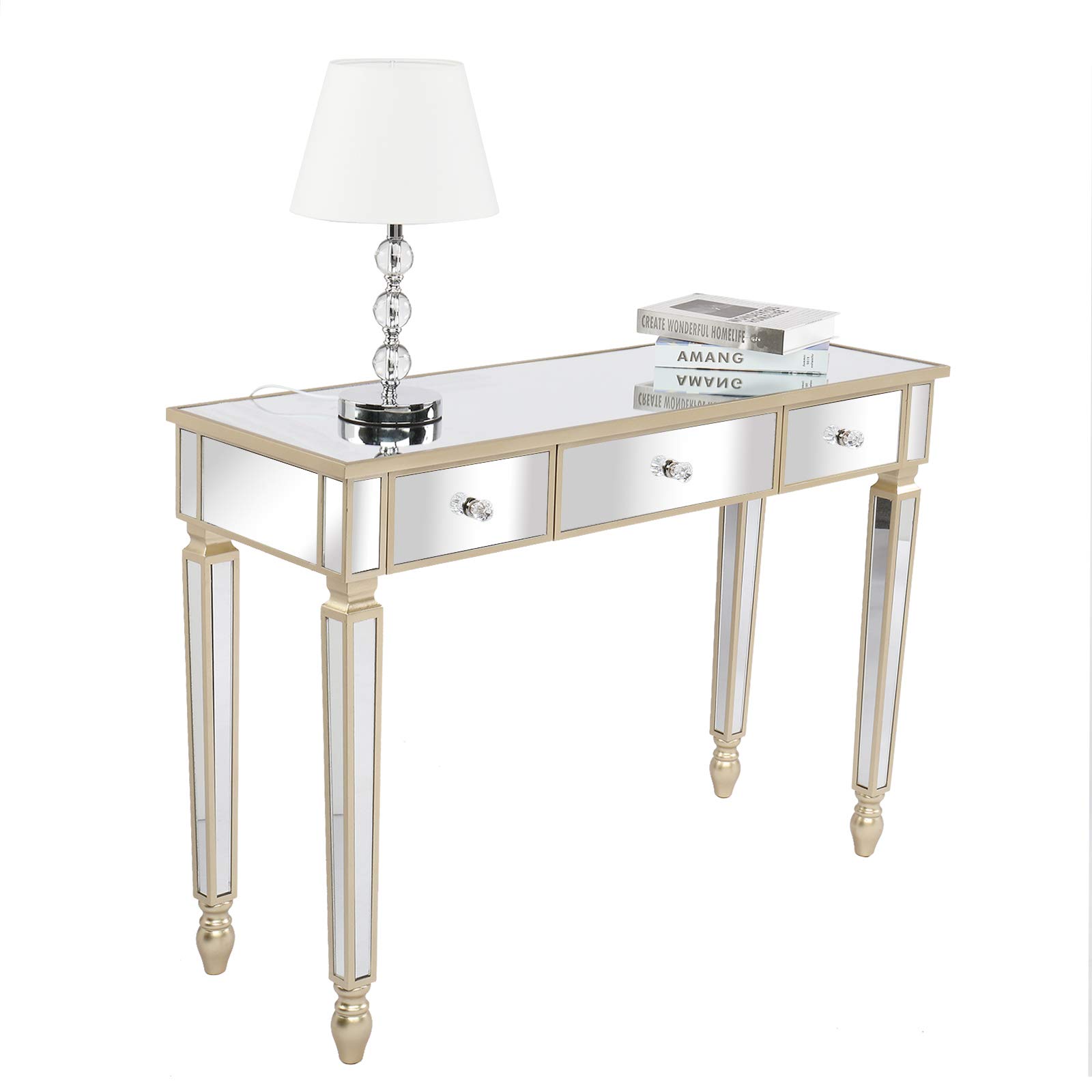 Modern Silver Vanity Desk with Storage & Glass Top - Elegant Mirrored Makeup Table for Women & Girls, Perfect for Bedroom, Dressing Room & Home Decor