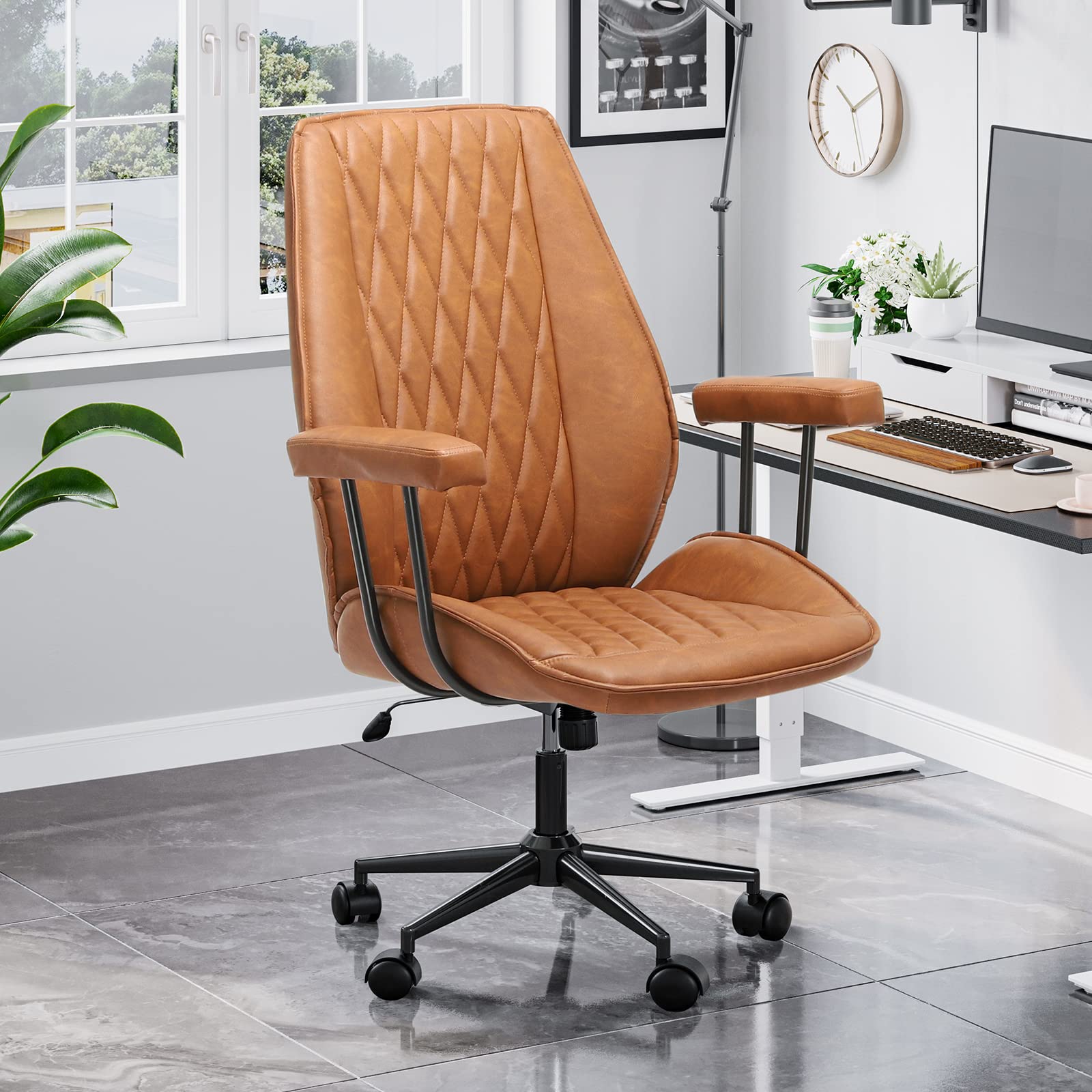 Brown Leather Home Office Chair with Removable Armrests - Mid Century Modern Ergonomic Desk Chair on Wheels, 400lb Weight Capacity - Perfect for Remote Work, Gaming & Study Spaces