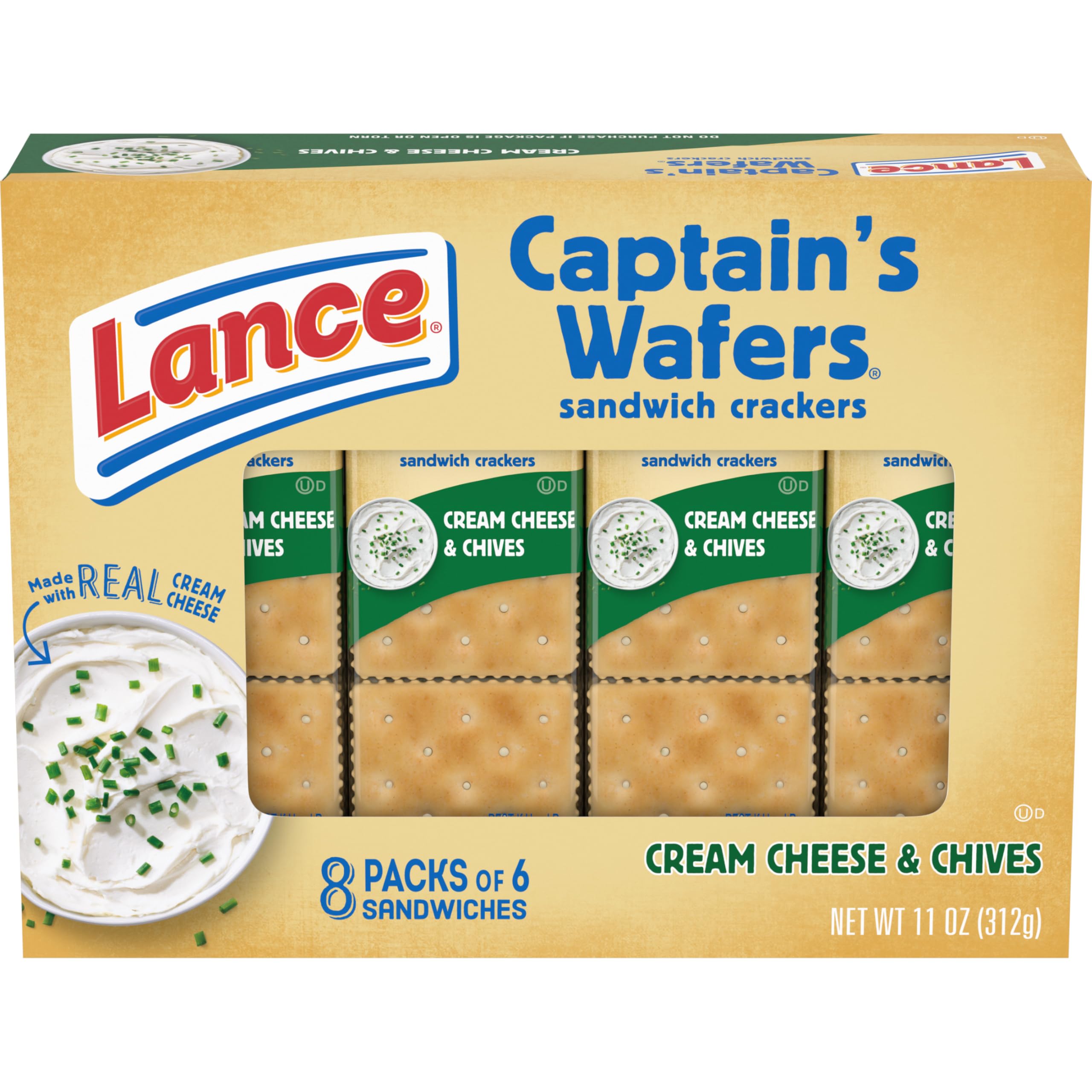 Lance Sandwich Crackers - Captain's Wafers Cream Cheese & Chives Flavor (8 Packs, 6 Sandwiches Each) - Perfect for Snacking, Lunch Boxes, and On-the-Go Meals