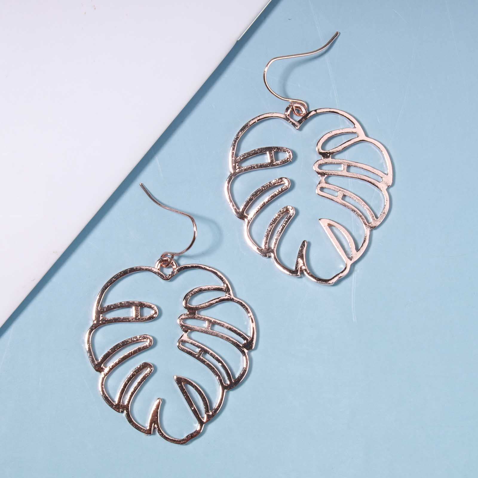 Boho Monstera Leaf Earrings for Women - Rose Gold Palm Leaf Dangle Earrings, Tropical Plant Drop Earrings, Handmade Jewelry for Beach Vacation, Summer Party & Boho Fashion (Rose Gold)