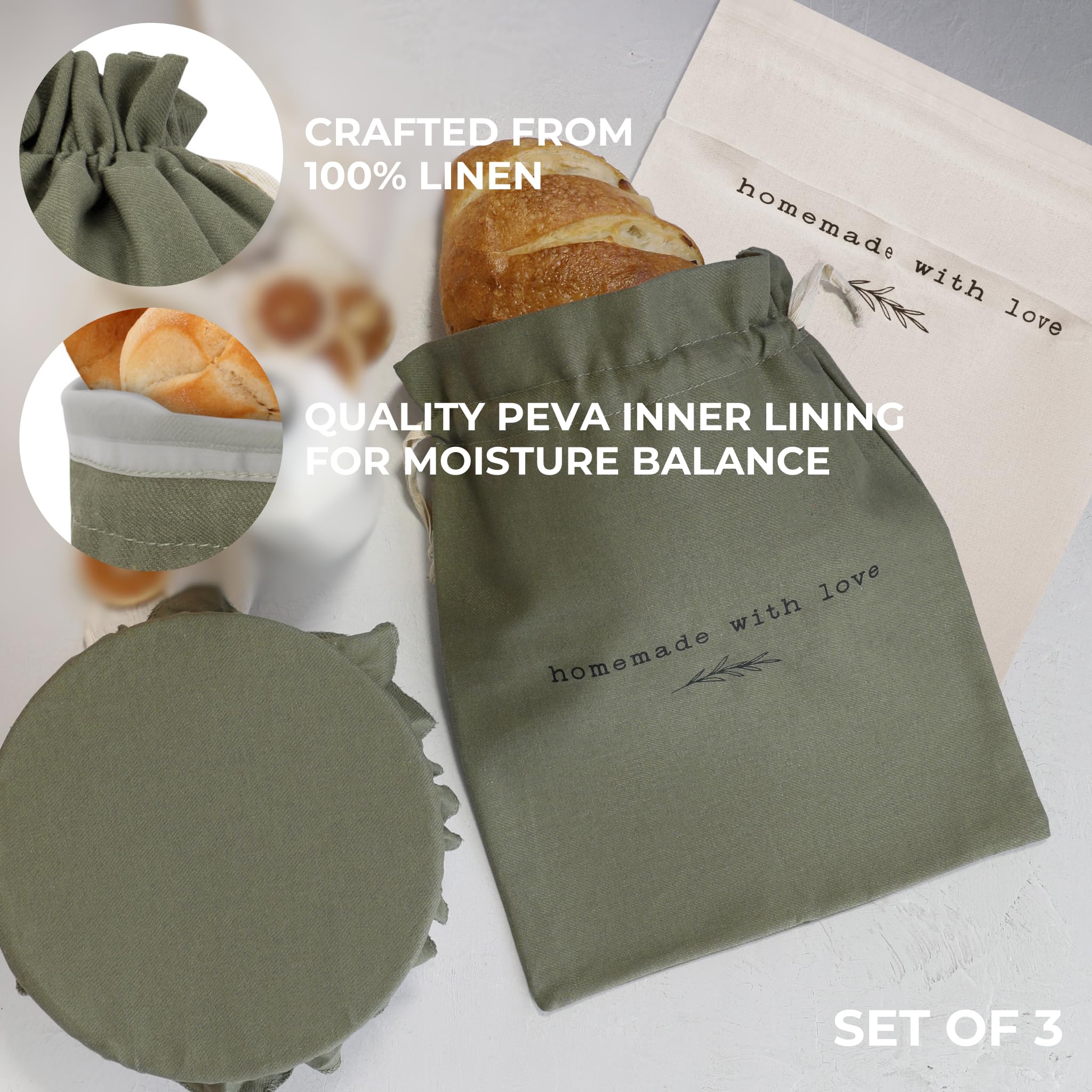 Premium Linen Bread Bag Set with Proofing Cover - Fresh Homemade Sourdough Storage - Reusable & Washable Bread Keeper - Perfect for Artisan Baking, Picnics & Gift Giving