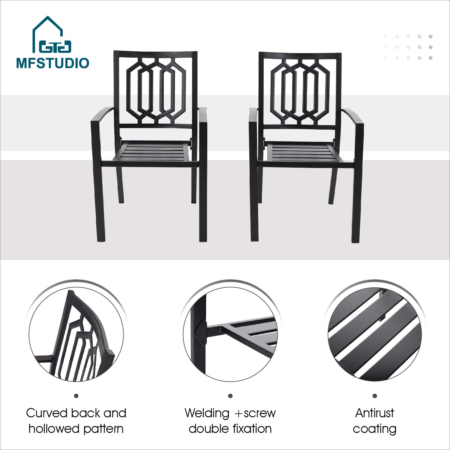 MFSTUDIO 3-Piece Steel Patio Bistro Set - Outdoor Garden Furniture with 2 Chairs & Coffee Table - Perfect for Backyard, Balcony, and Poolside Relaxation