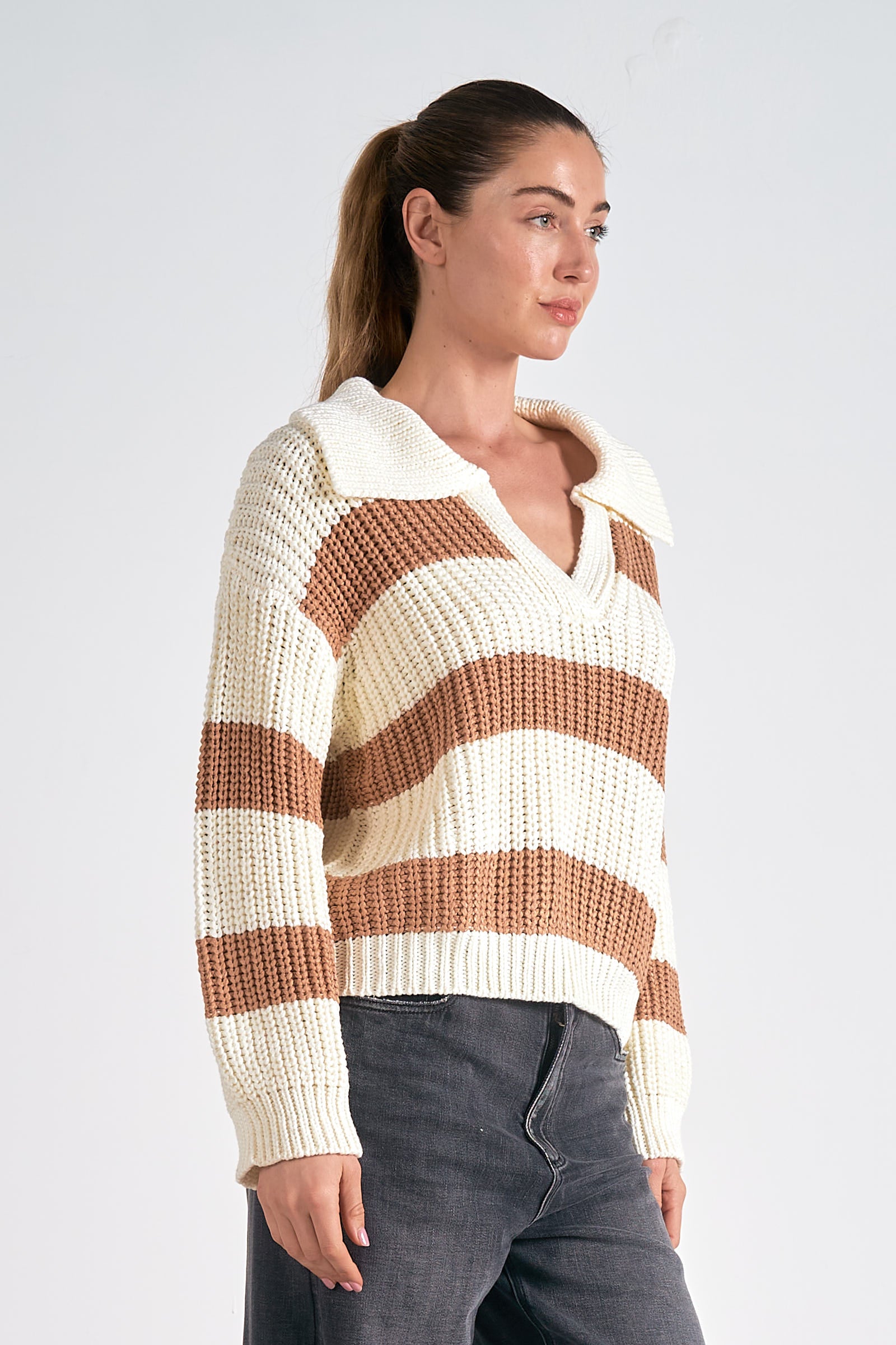 Stylish Striped V-Neck Collared Sweater for Women | Casual & Office Wear | Perfect for Fall & Winter Outfits
