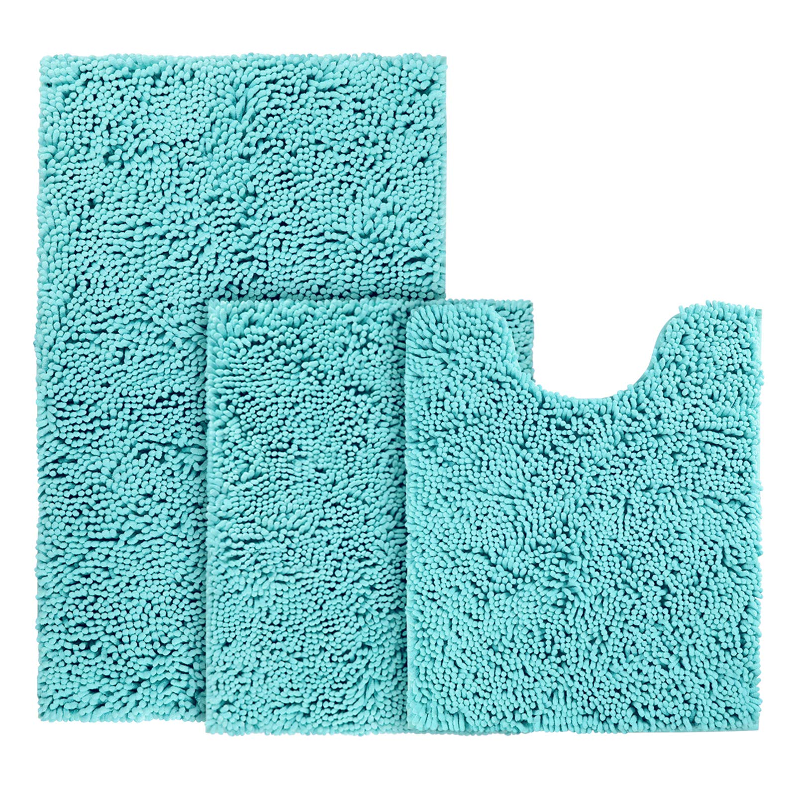 BYSURE Aqua Blue Bathroom Rug Set - 3 Piece Non-Slip, Super Absorbent Shaggy Chenille Bath Mat - Soft & Quick-Dry Washable Carpet for Bathroom, Shower, Vanity - Perfect for Modern Home Decor