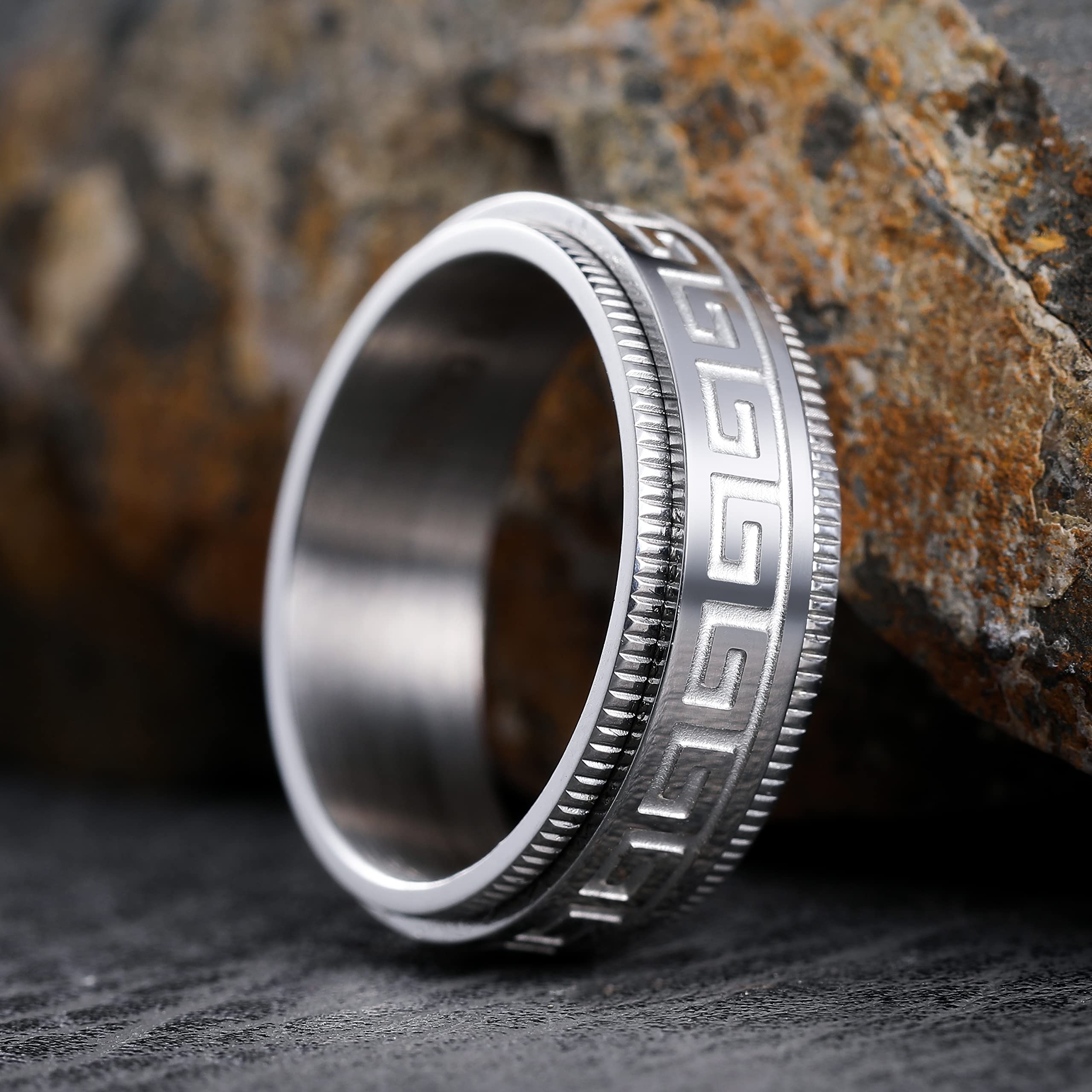 King Will 8mm Stainless Steel Fidget Spinner Ring for Men - Black/Silver Brushed Finish with Greek Key, Viking, Roman Numerals & Hammered Patterns - Anxiety Relief Ring for Stress, Focus & ADHD - Perfect for Office, Travel & Meditation