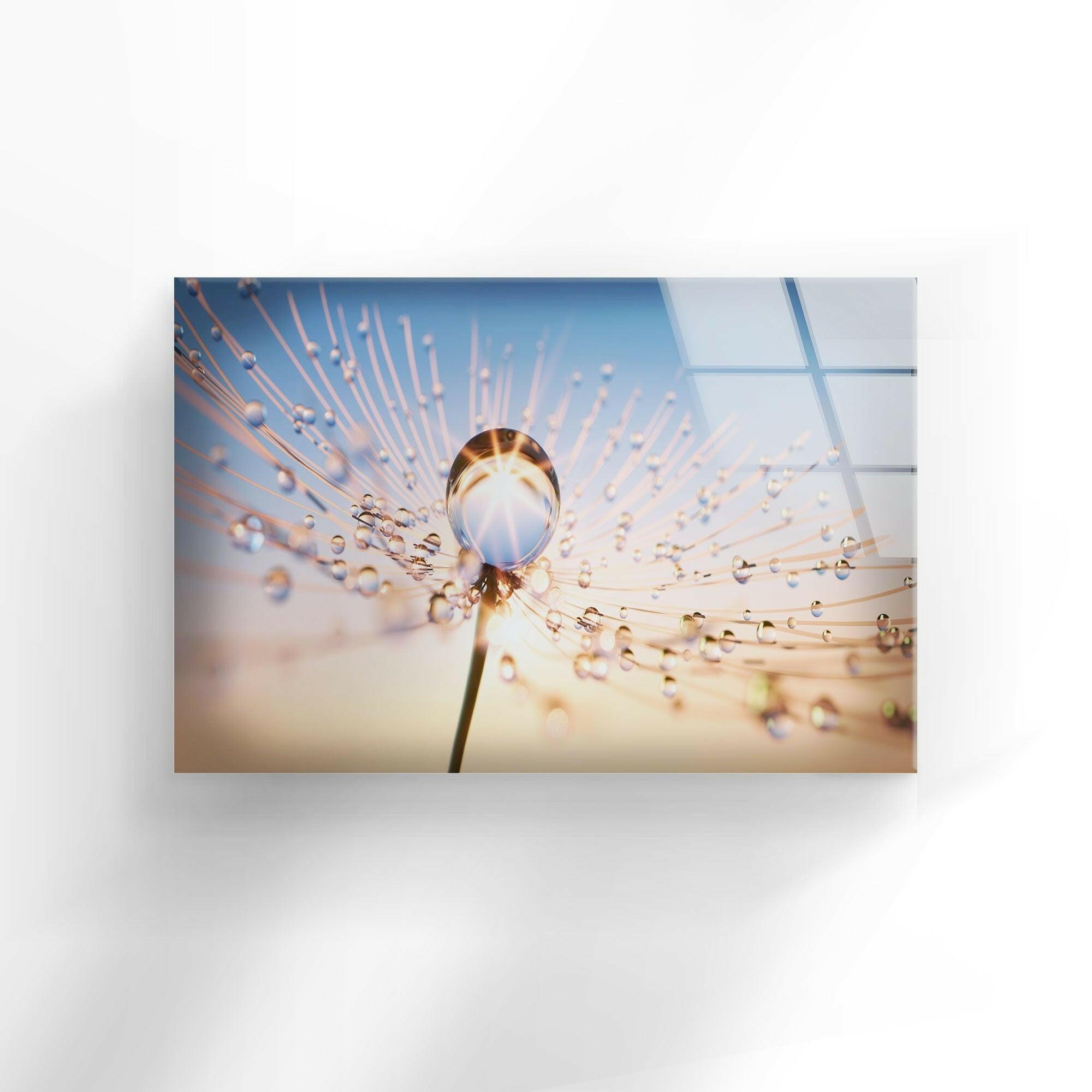 Dandelion Glass Wall Art with Sun Drops - Handmade Nature-Inspired Decor for Living Room, Bedroom, or Office