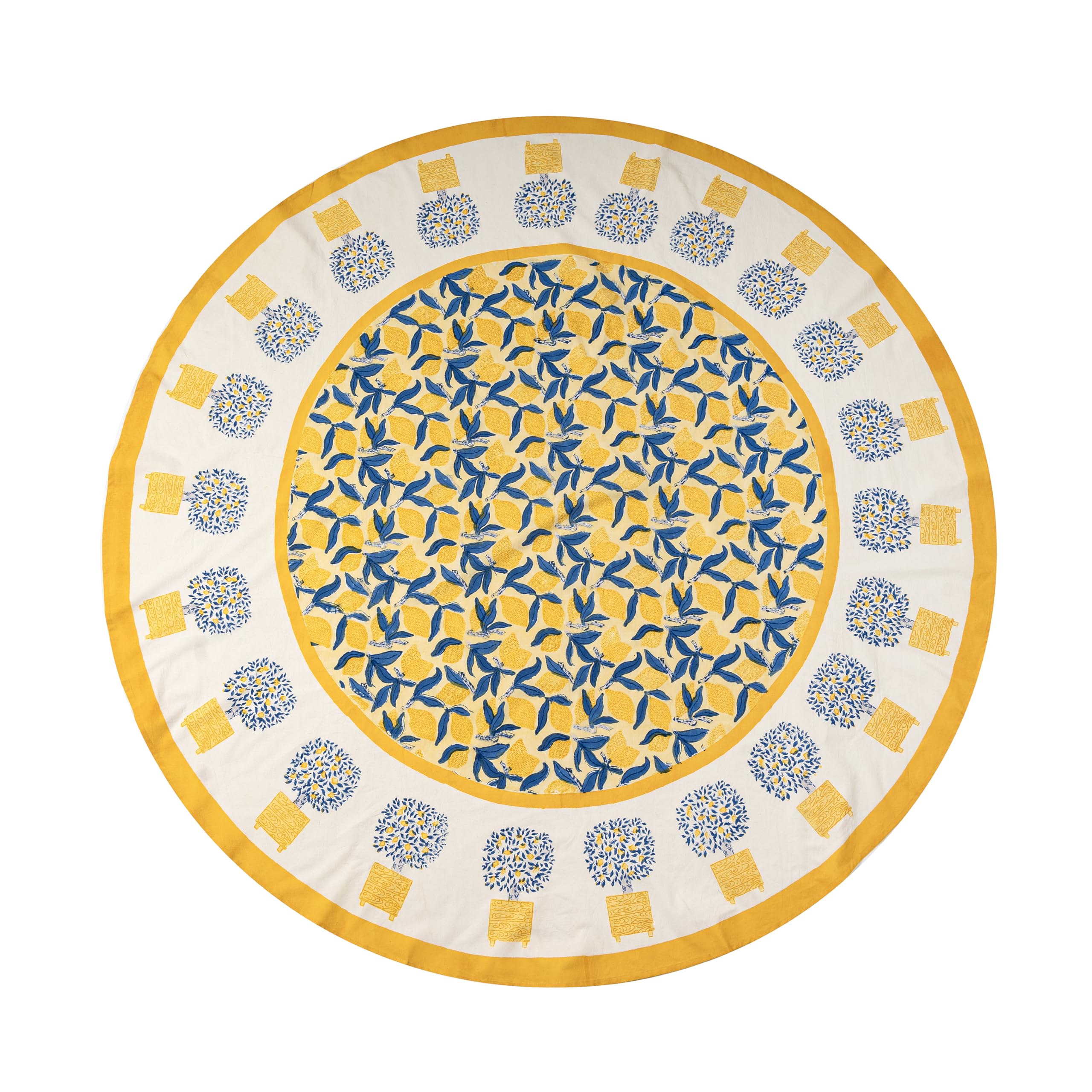 Elegant Large Round Tablecloth 90 Inches - Yellow & Blue Lemon Tree Design for Dining, Parties & Outdoor Events | Couleur Nature
