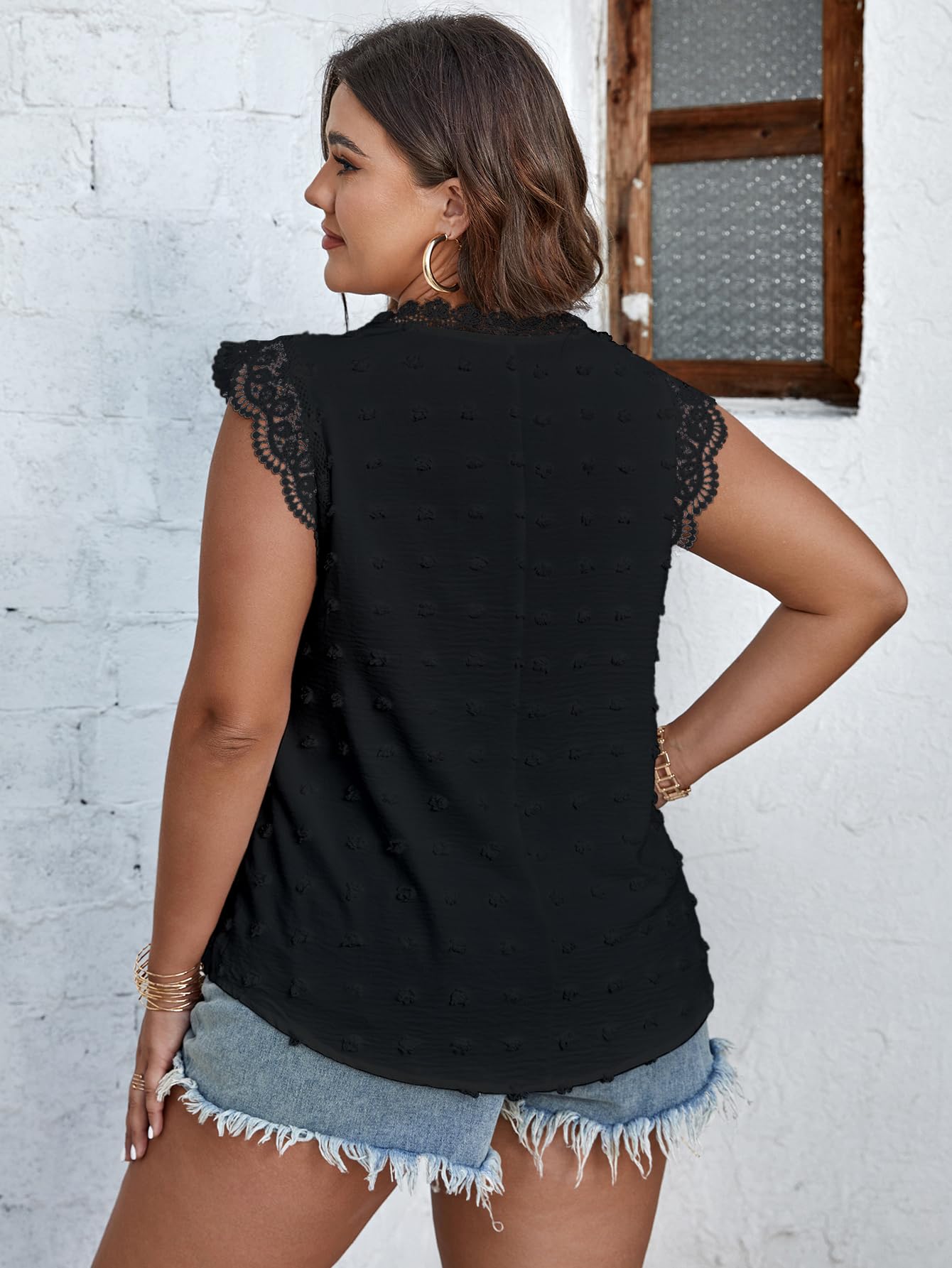 SCOMCHIC Women's Plus Size Lace Trim Tank Tops - Cute Summer Sleeveless Blouses with Cap Sleeve & Crewneck | Swiss Dot Babydoll Tops for Casual Wear, Beach Outfits & Date Nights