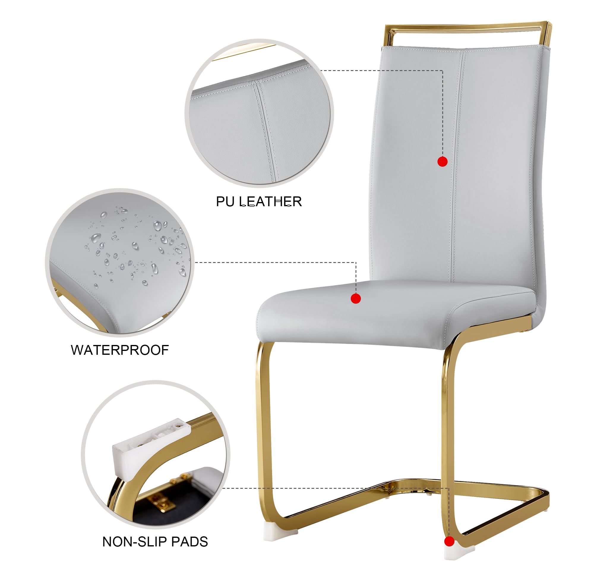 Baysitone Modern Dining Chairs Set of 4 - Gold Frame Faux Leather Padded High Back Side Chairs for Kitchen, Dining Room & Living Room - Light Grey - Perfect for Home Decor, Family Gatherings & Dinner Parties