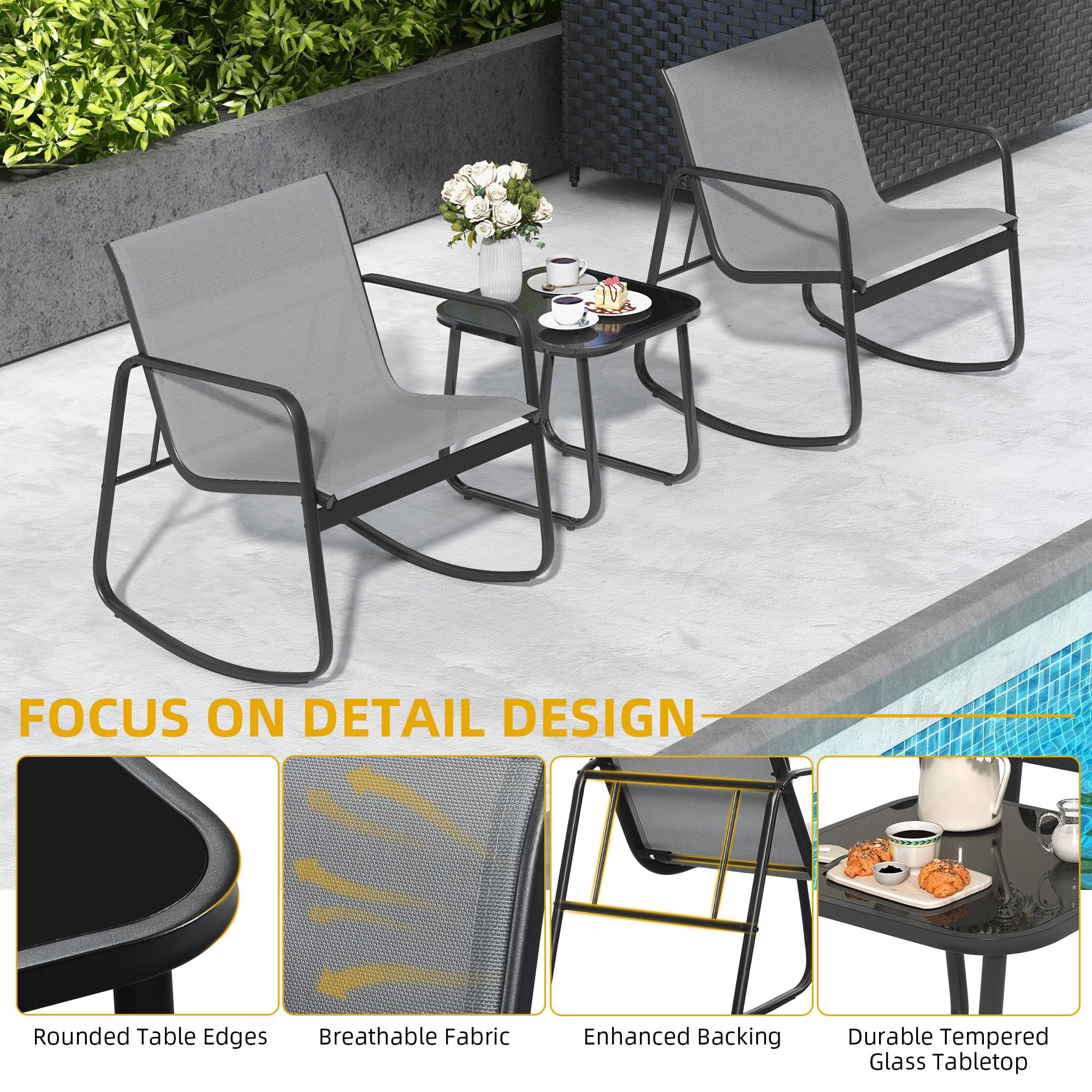 DWVO 3-Piece Outdoor Patio Furniture Set - Modern Textilene Bistro Set with 2 Chairs & Coffee Table for Backyard, Garden, Balcony, Poolside (Grey) | Perfect for Relaxing, Entertaining & Outdoor Dining