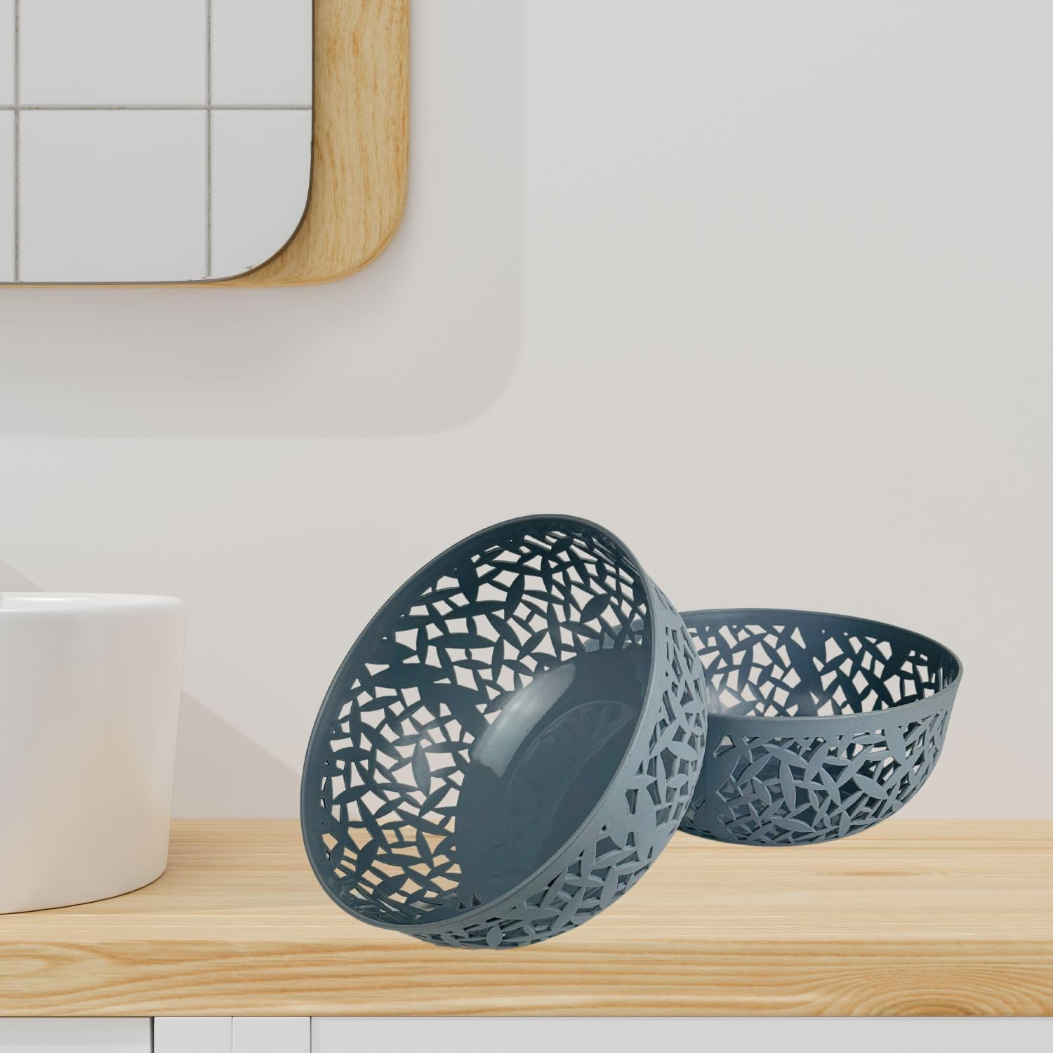 Go Hooked Plastic Fruit and Vegetable Storage Basket - Round Multipurpose Organizer for Kitchen, Bathroom & Laundry (Set of 2, Light Grey) | Durable Food Storage Container | Perfect for Produce, Toys & Home Organization