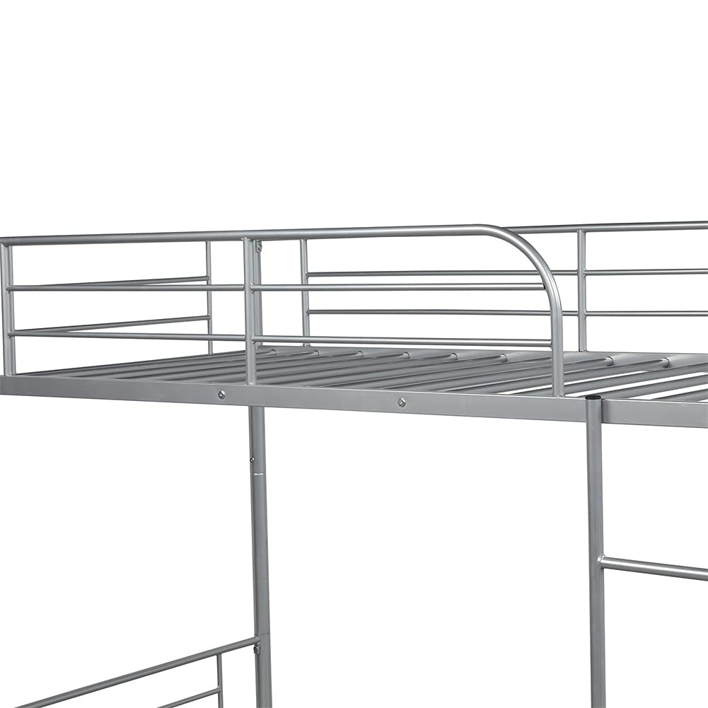 Metal Twin Over Twin Bunk Bed with Trundle - Convertible to 2 Separate Beds, No Box Spring Required (Silver) | Space-Saving Kids Bedroom Furniture for Small Rooms, Guest Rooms & Vacation Homes