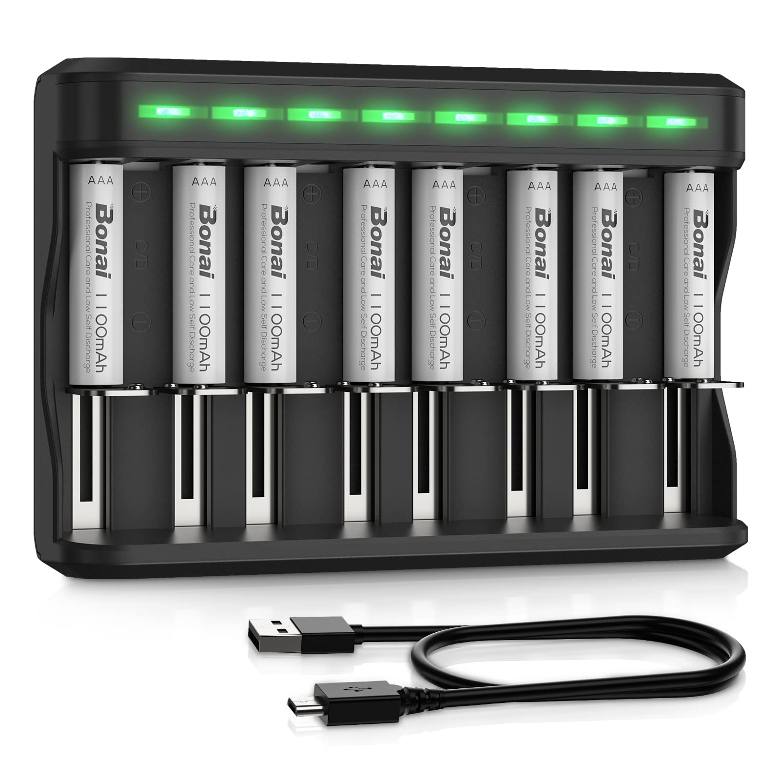 BONAI Rechargeable AAA Batteries 8-Pack 1100mAh with 8 Bay Fast Charger - NiMH/NiCD Battery Charger for AA AAA C D Batteries - Perfect for Cameras, Toys, Flashlights & Electronic Devices