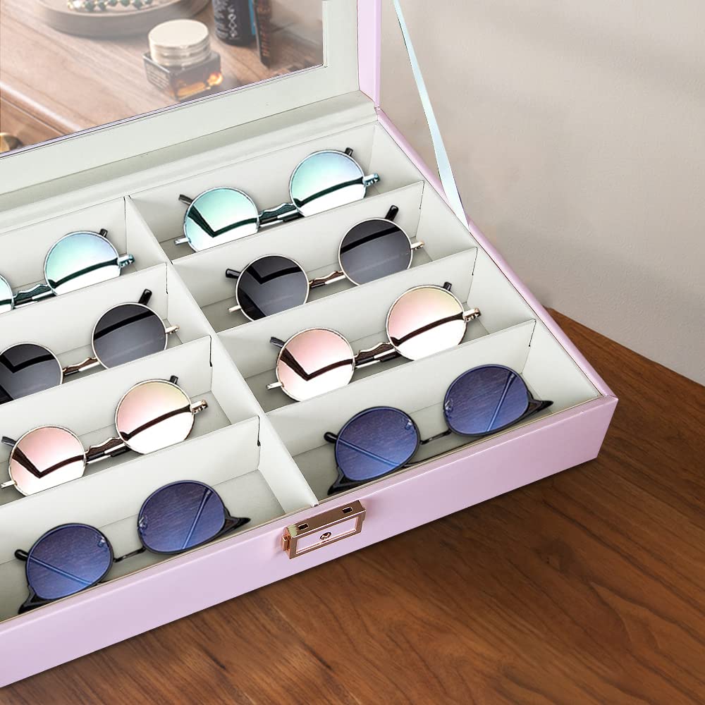 BLIENCE 8 Slot PU Leather Sunglasses Organizer Case for Women - Eyeglasses Storage Box with Clear Top & Lock, Jewelry and Watch Display Case - Perfect for Travel, Home Organization and Sunglasses Collection (Sweet Pink)