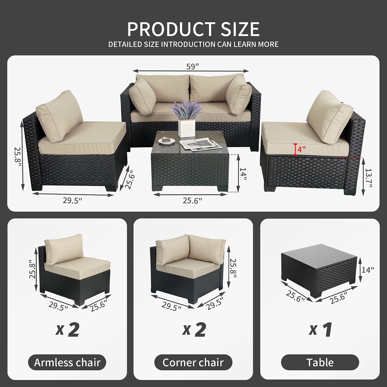 Outdoor Patio PE Wicker 5-Piece Furniture Set - Black Rattan Sectional Sofa with Coffee Table & Khaki Cushions | Durable All-Weather Wicker Conversation Set for Garden, Poolside, or Backyard Relaxation