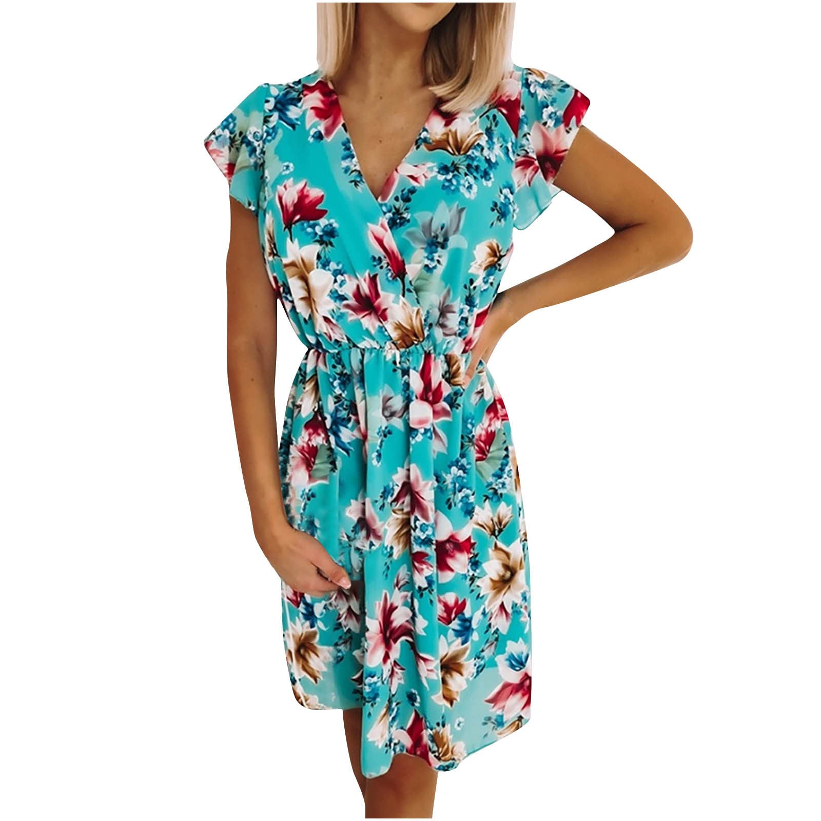 2022 Summer Women's Chiffon V-Neck Floral Print Ruffle Sleeve Flowy Mini Sundress - Elegant Casual Dress for Beach, Party & Vacation Wear