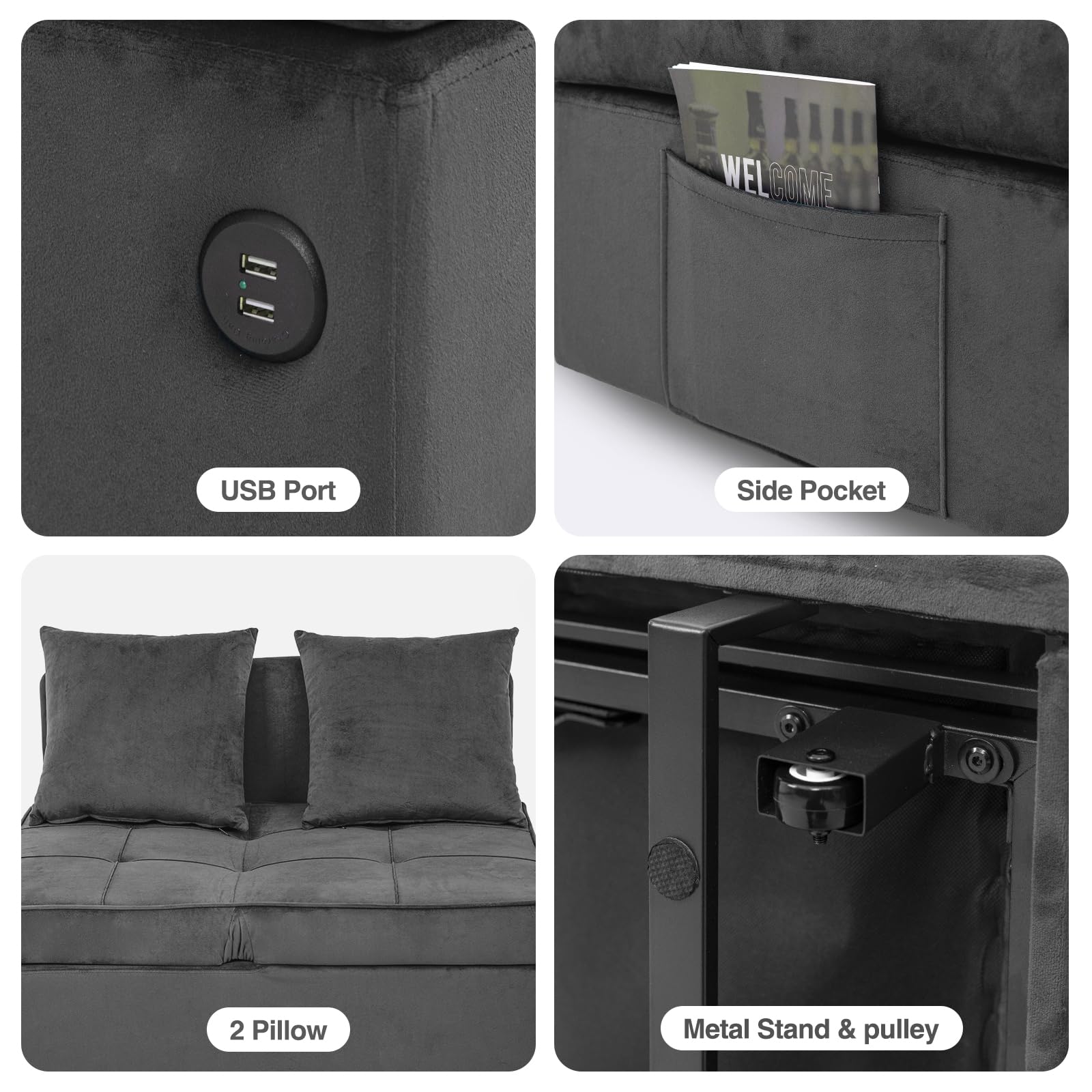 4-in-1 Convertible Velvet Sofa Bed with USB Ports - Sleeper Sofa Chair, Pull Out Futon Couch & Ottoman Bed - 5 Adjustable Backrest & Pillow - Dark Grey for Small Spaces, Living Room, Guest Room & Studio Apartments