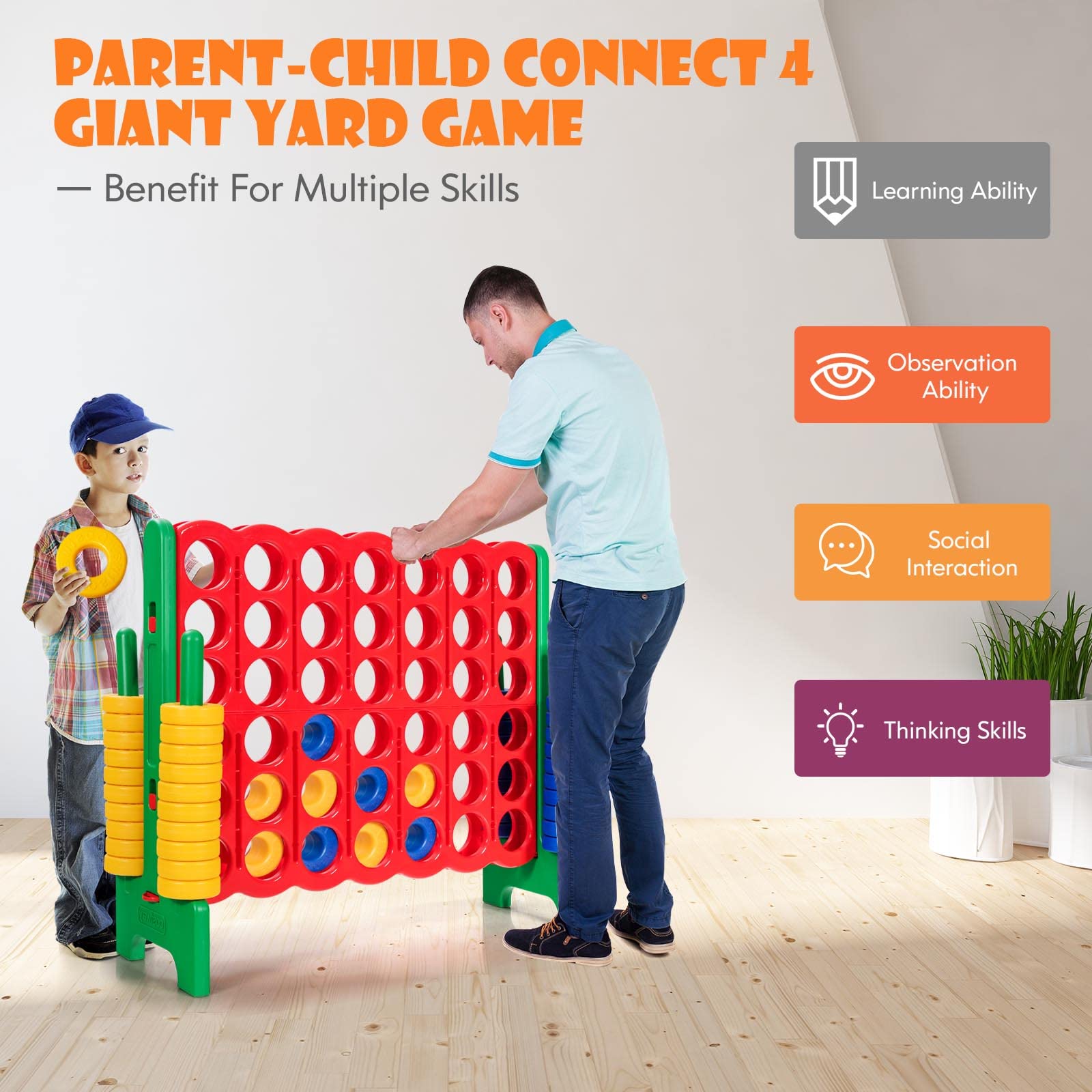HONEY JOY Jumbo 4-to-Score Giant Connect 4 Game Set - 42 Oversized Rings with Quick-Release Slider | 3.5FT Tall Outdoor Yard Game for Family, Kids & Adults | Perfect for Backyard Parties, Picnics & Summer Gatherings