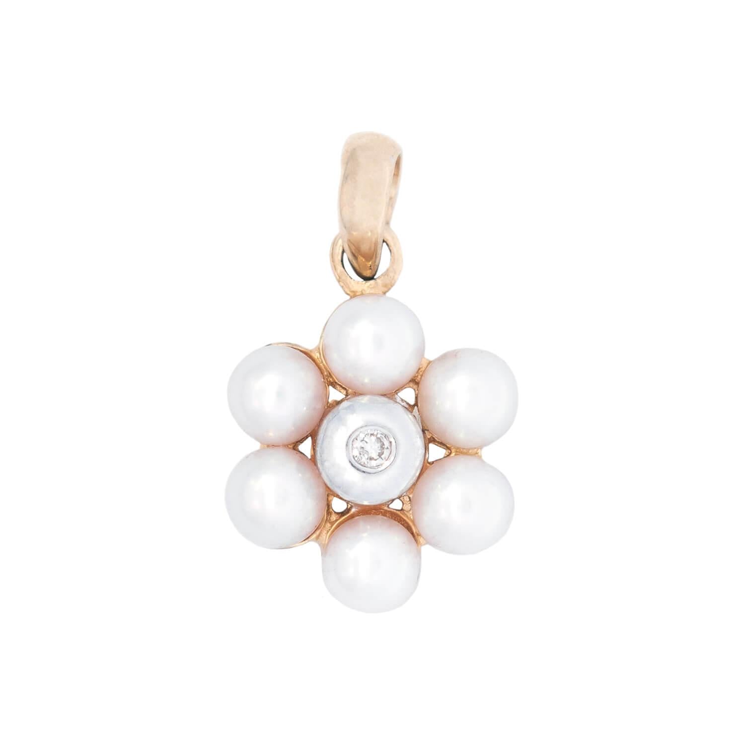 14K Gold Pearl and Diamond Flower Pendant Necklace - Elegant Floral Jewelry for Women, Perfect for Weddings, Anniversaries & Special Occasions