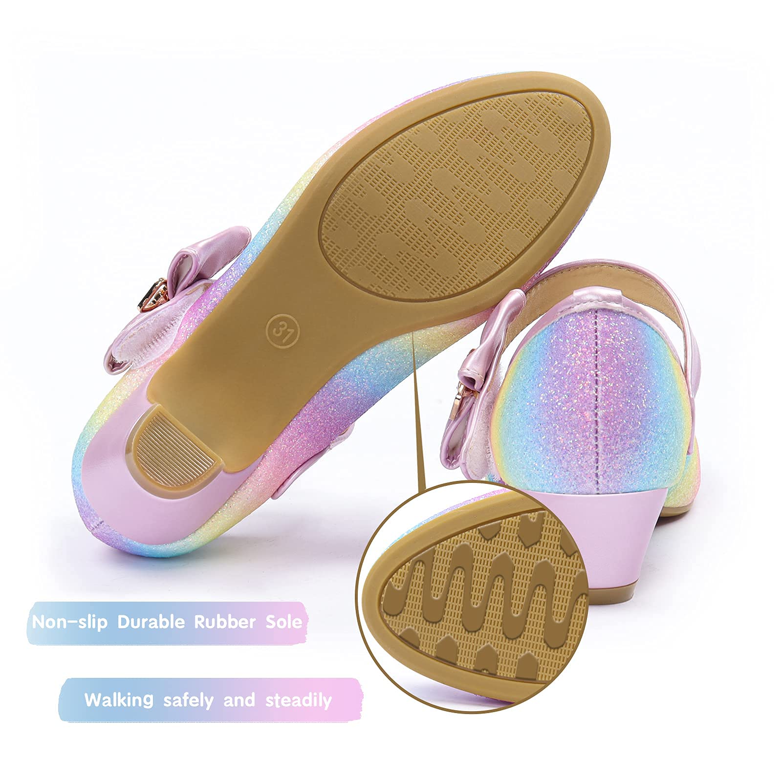 ADAMUMU Girls Low Heel Dress Shoes for Wedding - PU Leather Comfortable Party Shoes for Little Big Kids - Perfect for Bridesmaids, Flower Girls & Special Occasions